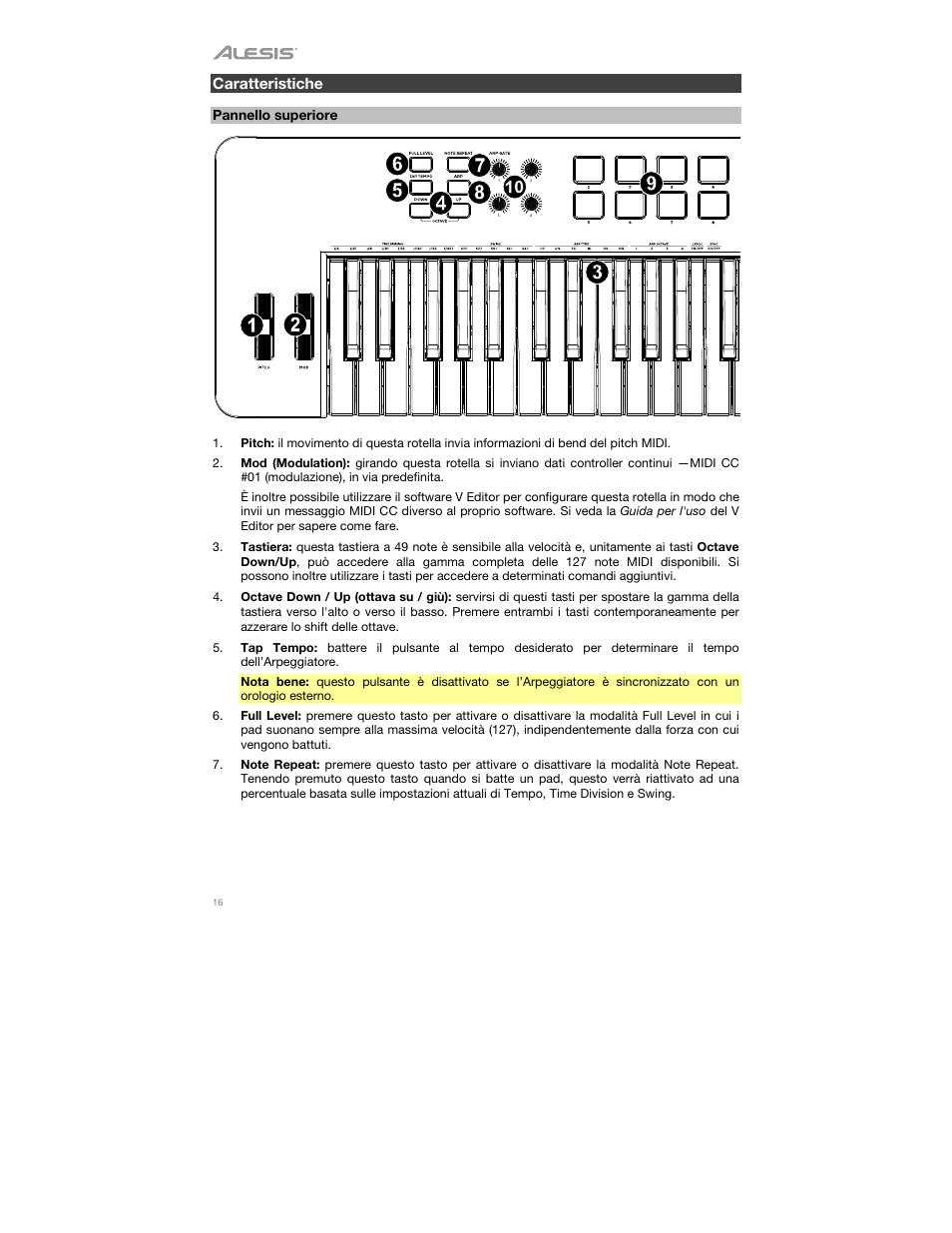 Caratteristiche, Pannello superiore | ALESIS V49 MKII 49-Key USB MIDI Keyboard Controller User Manual | Page 16 / 24