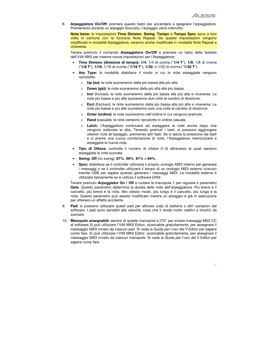 ALESIS V49 MKII 49-Key USB MIDI Keyboard Controller User Manual | Page 17 / 24