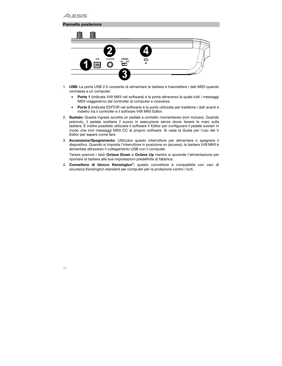 Pannello posteriore | ALESIS V49 MKII 49-Key USB MIDI Keyboard Controller User Manual | Page 18 / 24