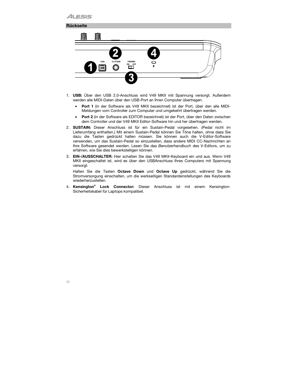 Rückseite | ALESIS V49 MKII 49-Key USB MIDI Keyboard Controller User Manual | Page 22 / 24