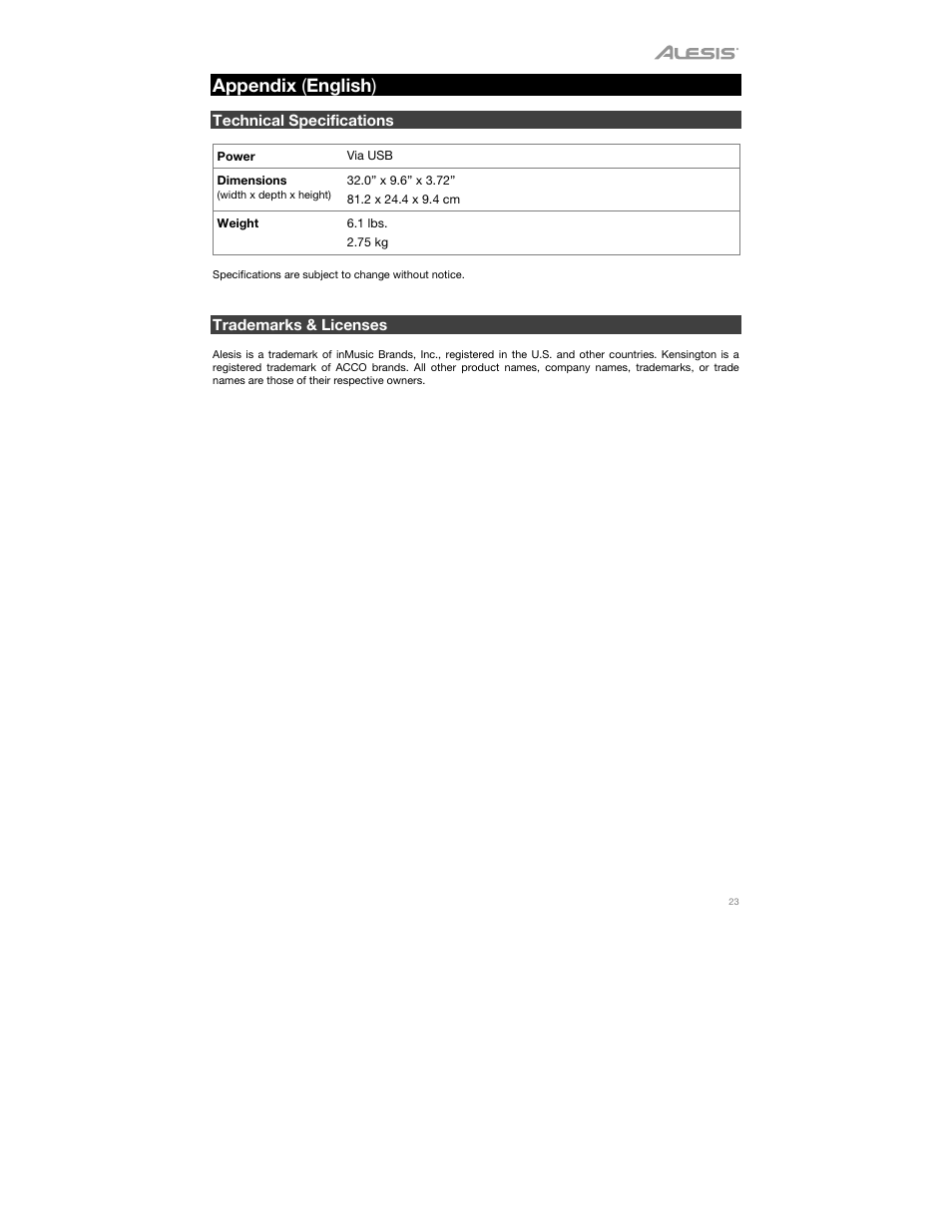 Appendix (english), Technical specifications, Trademarks & licenses | Appendix ( english ) | ALESIS V49 MKII 49-Key USB MIDI Keyboard Controller User Manual | Page 23 / 24