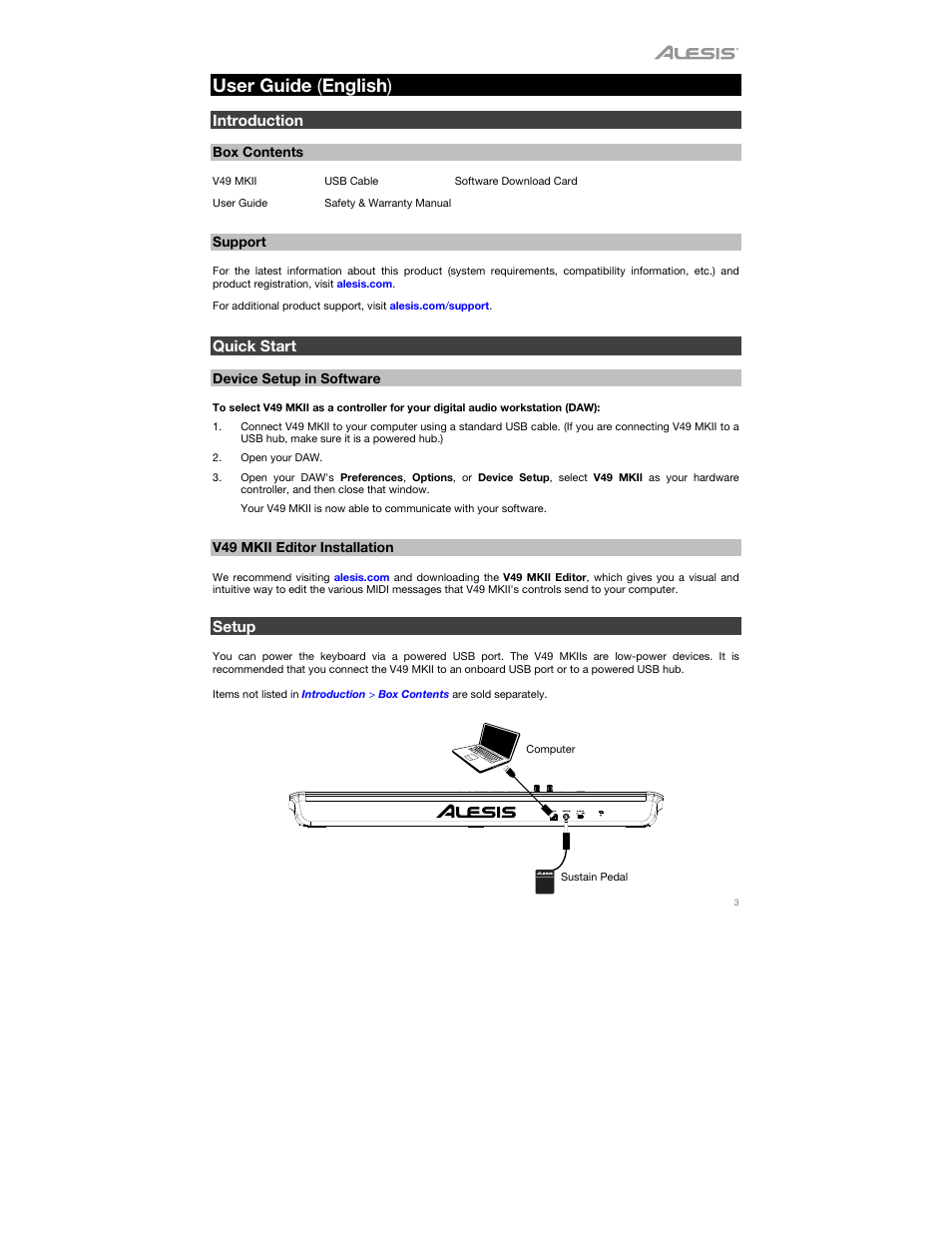 User guide (english), Introduction, Box contents | Support, Quick start, Device setup in software, V49 mkii editor installation, Setup, User guide ( english ) | ALESIS V49 MKII 49-Key USB MIDI Keyboard Controller User Manual | Page 3 / 24