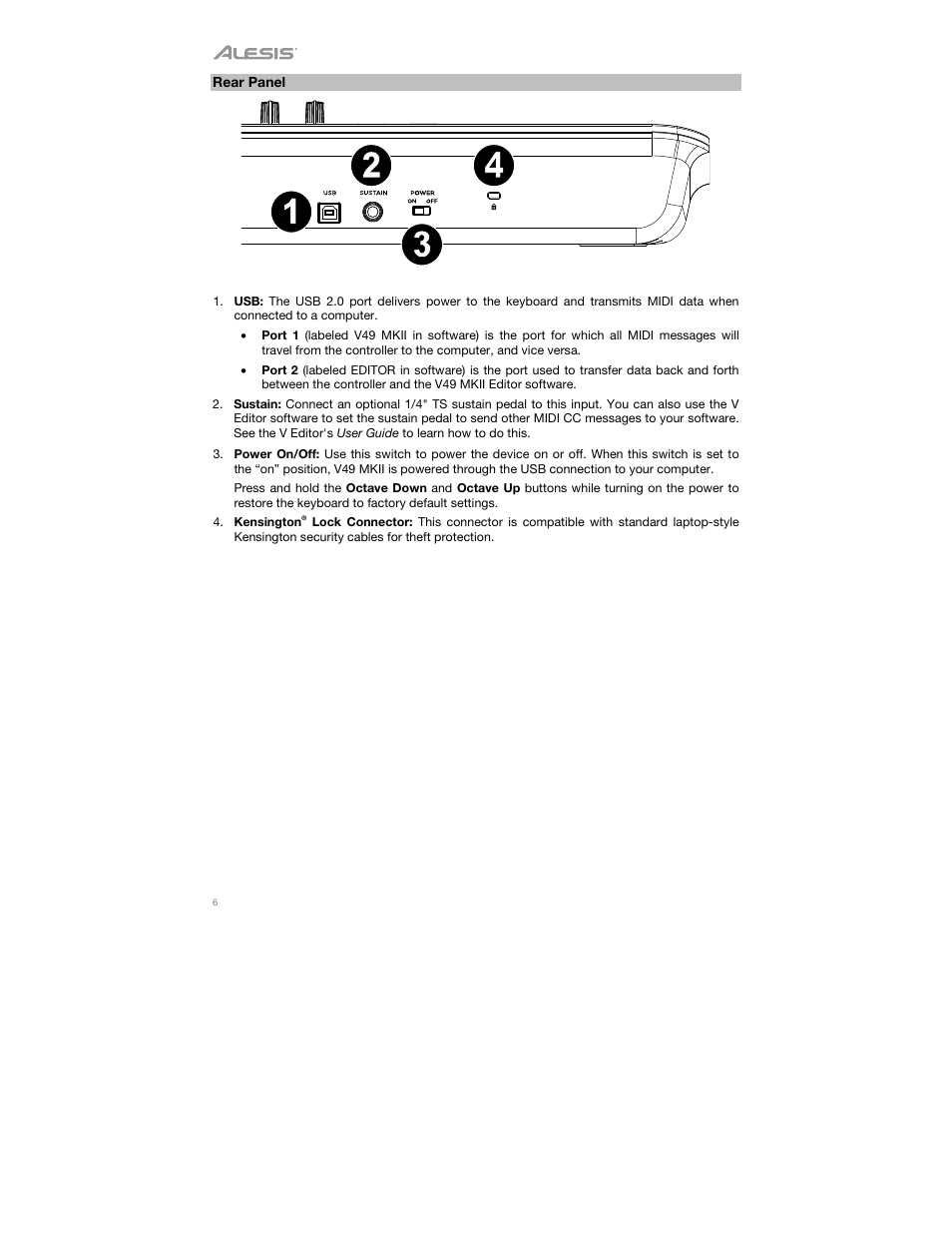 Rear panel | ALESIS V49 MKII 49-Key USB MIDI Keyboard Controller User Manual | Page 6 / 24