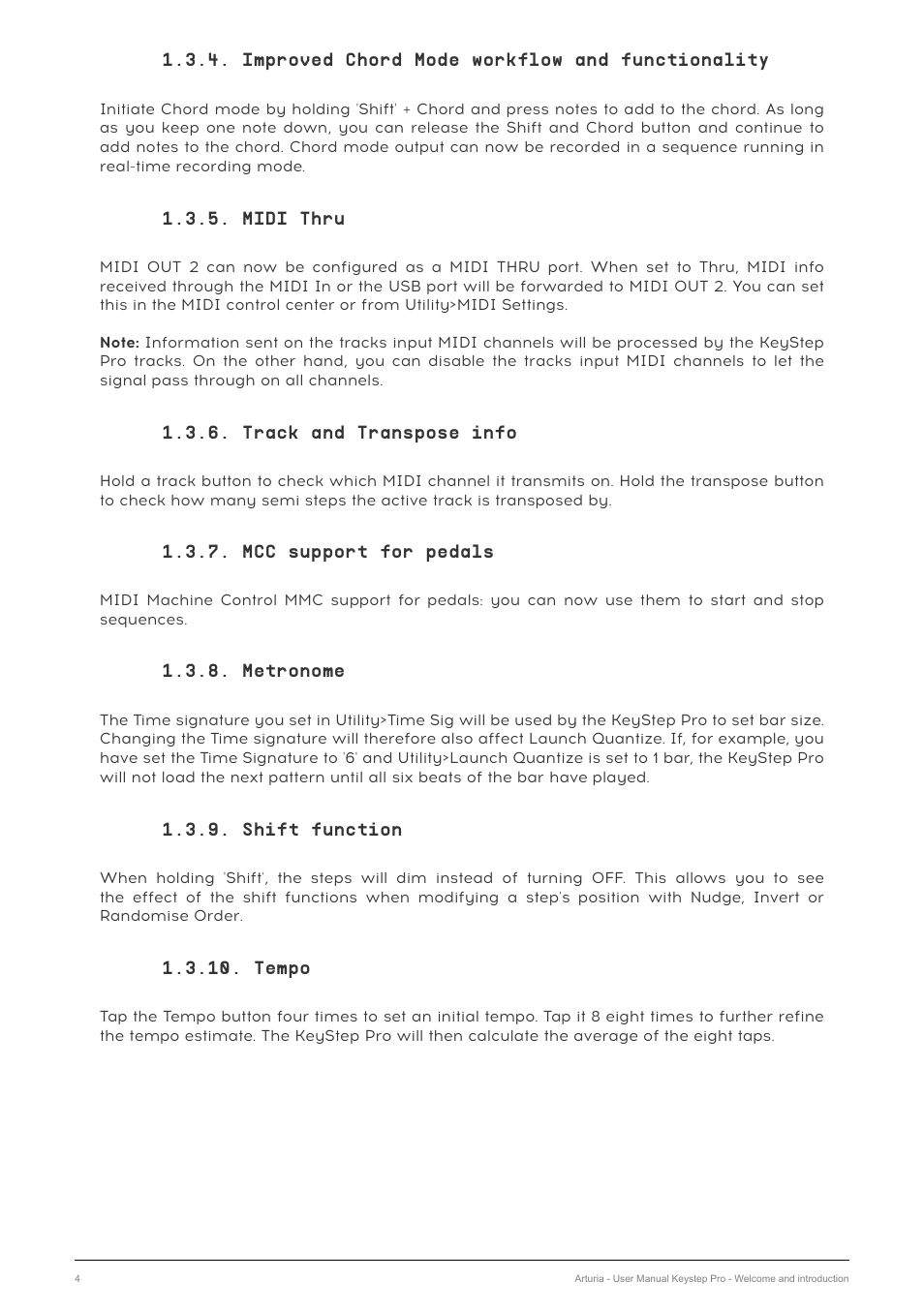 Improved chord mode workflow and functionality, Midi thru, Track and transpose info | Mcc support for pedals, Metronome, Shift function, Tempo | Arturia KeyStep Pro Keyboard with Advanced Sequencer and Arpeggiator User Manual | Page 10 / 186