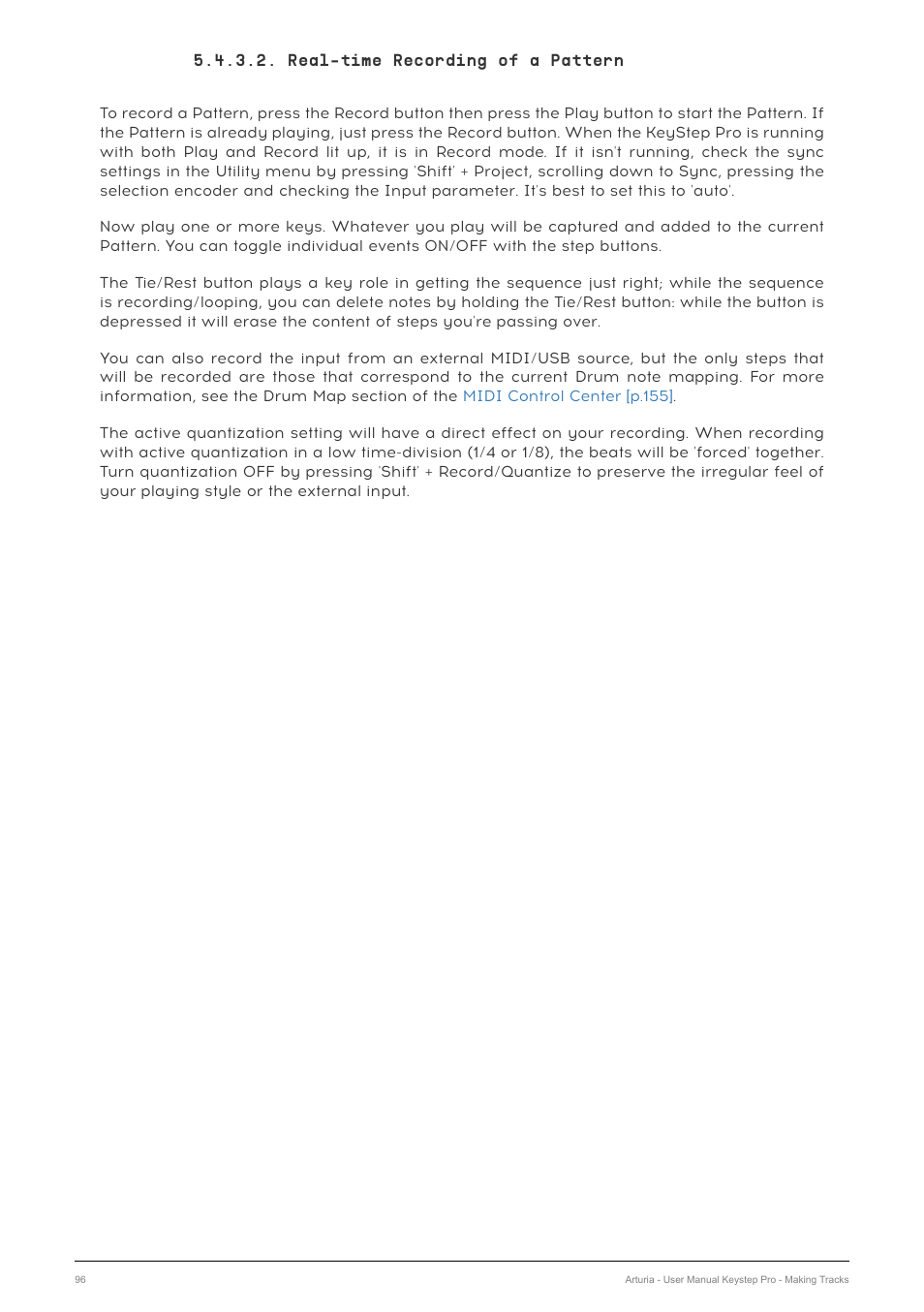 Real-time recording of a pattern | Arturia KeyStep Pro Keyboard with Advanced Sequencer and Arpeggiator User Manual | Page 102 / 186