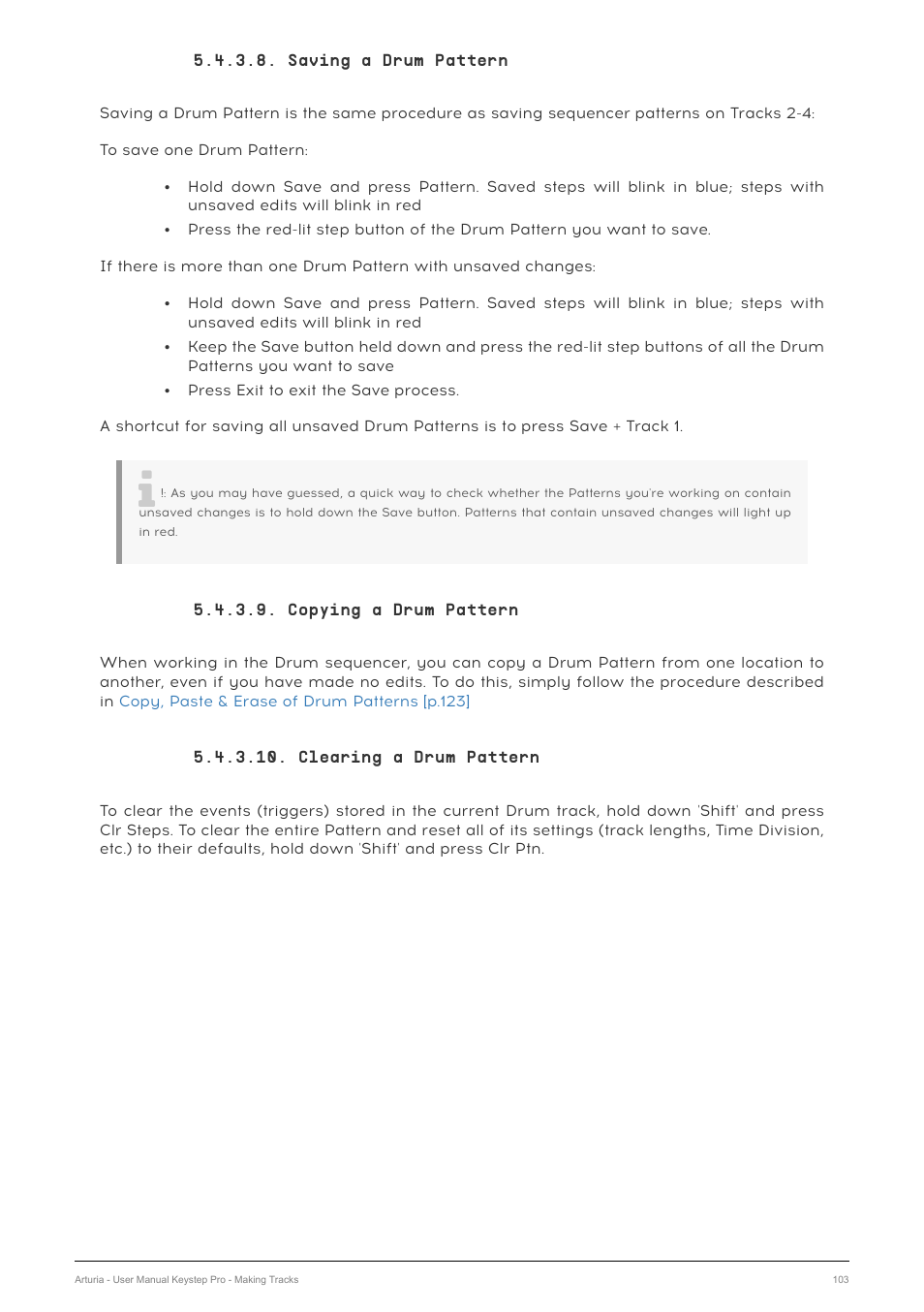 Saving a drum pattern, Copying a drum pattern, Clearing a drum pattern | Arturia KeyStep Pro Keyboard with Advanced Sequencer and Arpeggiator User Manual | Page 109 / 186