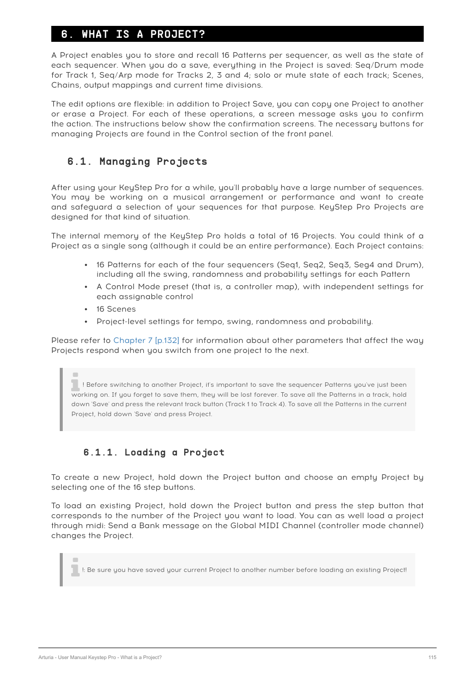 What is a project, Managing projects, Loading a project | Chapter 6 [p.115 | Arturia KeyStep Pro Keyboard with Advanced Sequencer and Arpeggiator User Manual | Page 121 / 186