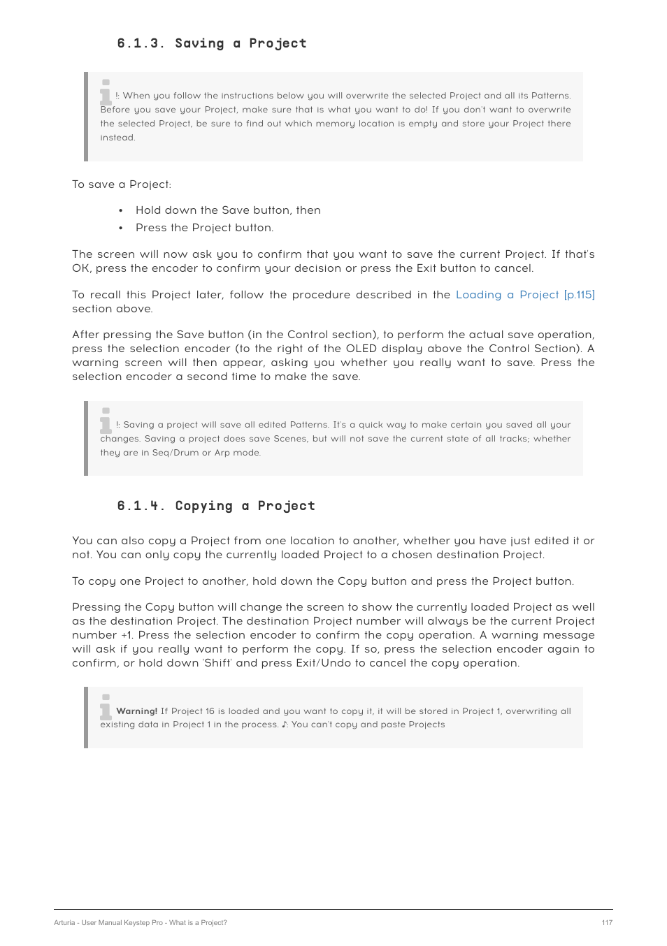 Saving a project, Copying a project | Arturia KeyStep Pro Keyboard with Advanced Sequencer and Arpeggiator User Manual | Page 123 / 186