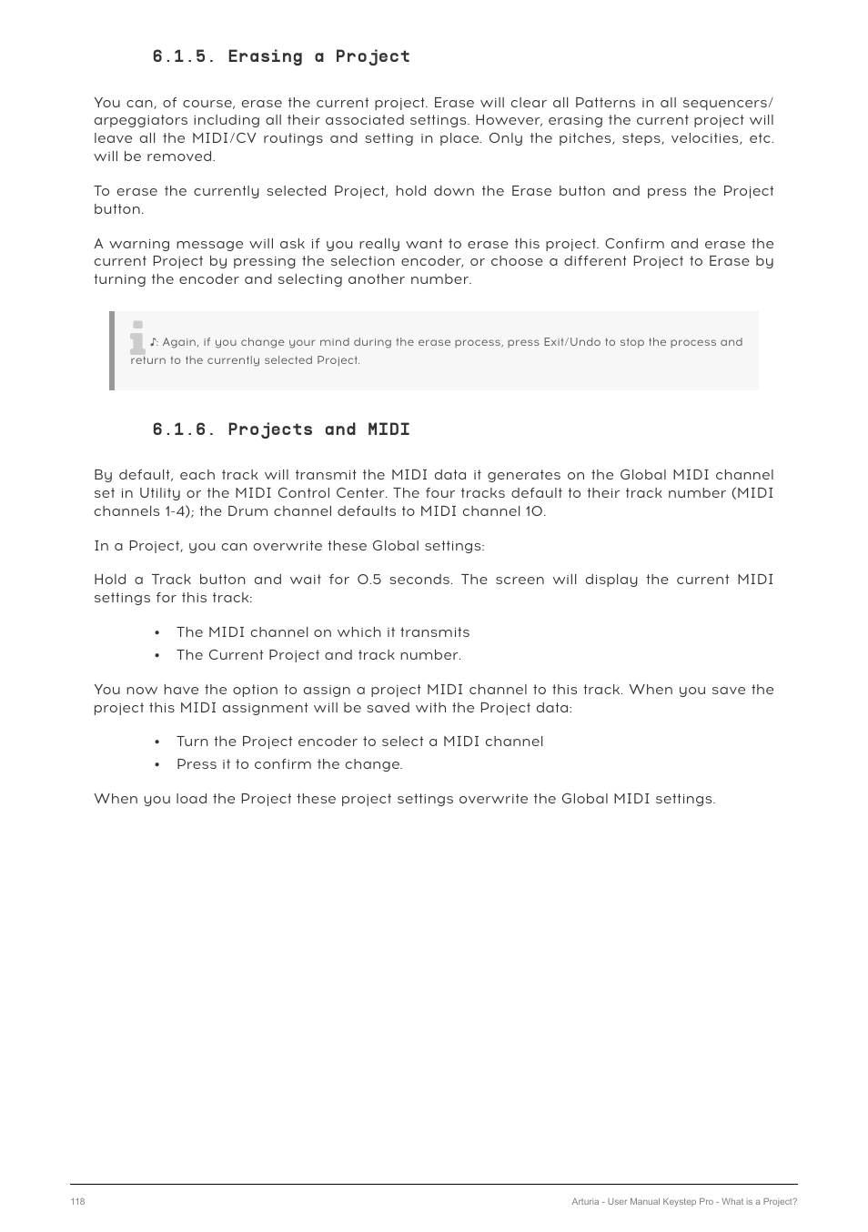 Erasing a project, Projects and midi | Arturia KeyStep Pro Keyboard with Advanced Sequencer and Arpeggiator User Manual | Page 124 / 186