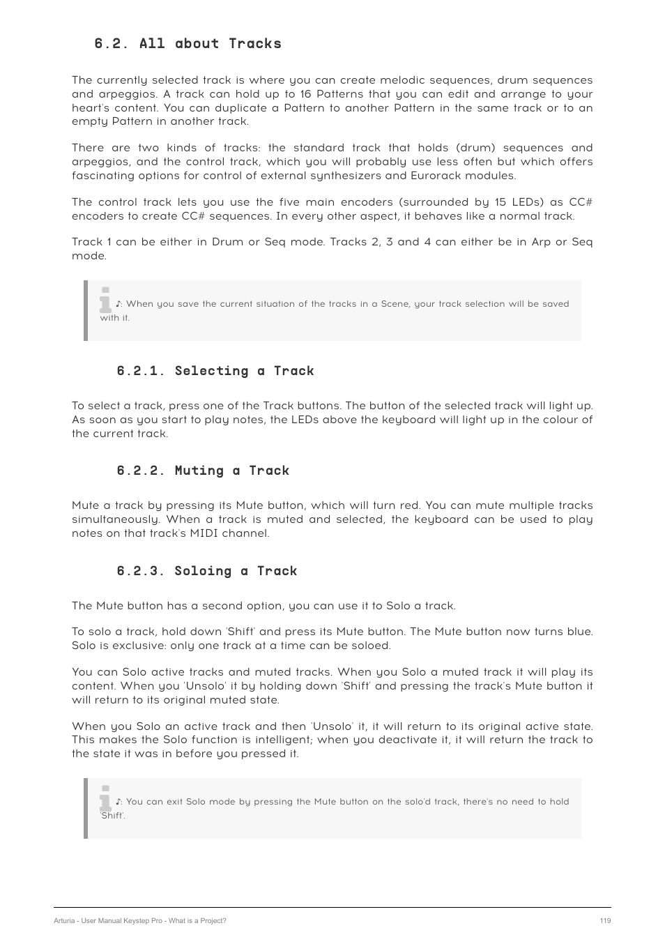 All about tracks, Selecting a track, Muting a track | Soloing a track | Arturia KeyStep Pro Keyboard with Advanced Sequencer and Arpeggiator User Manual | Page 125 / 186