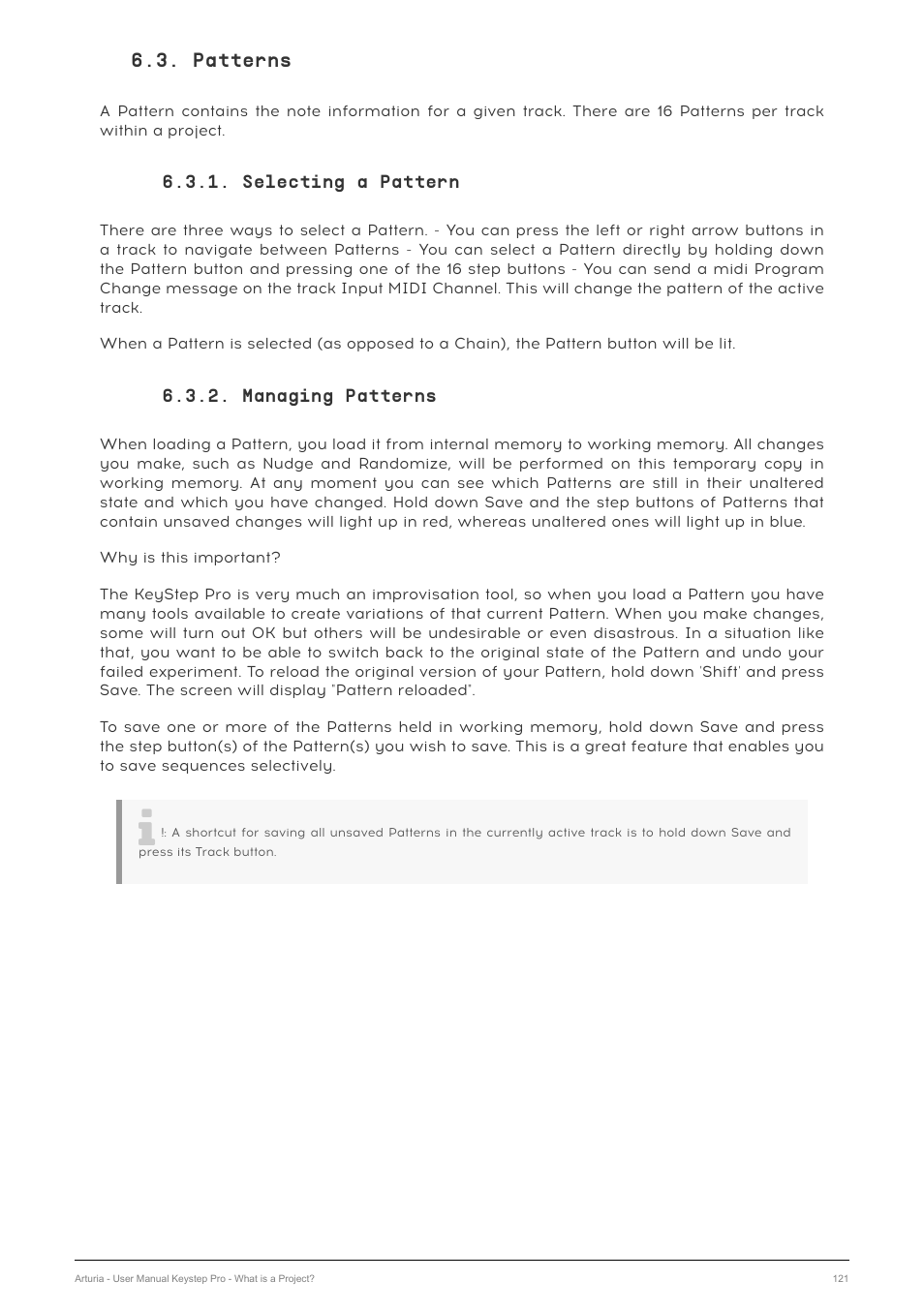 Patterns, Selecting a pattern, Managing patterns | Arturia KeyStep Pro Keyboard with Advanced Sequencer and Arpeggiator User Manual | Page 127 / 186