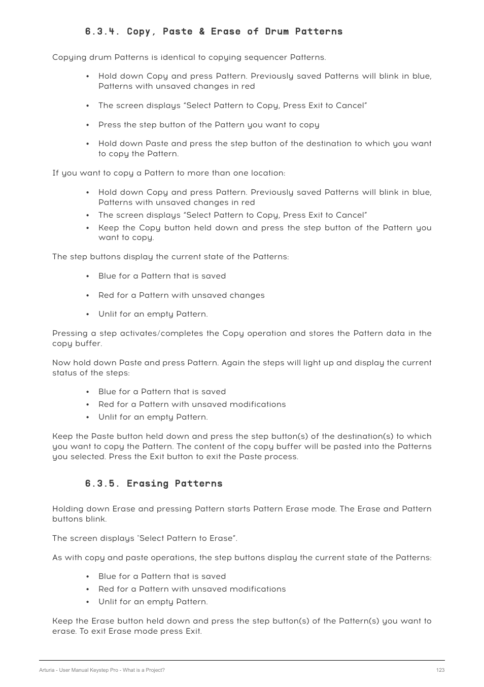 Copy, paste & erase of drum patterns, Erasing patterns | Arturia KeyStep Pro Keyboard with Advanced Sequencer and Arpeggiator User Manual | Page 129 / 186