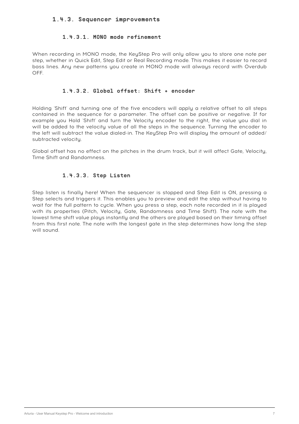 Sequencer improvements, Mono mode refinement, Global offset: shift + encoder | Step listen | Arturia KeyStep Pro Keyboard with Advanced Sequencer and Arpeggiator User Manual | Page 13 / 186