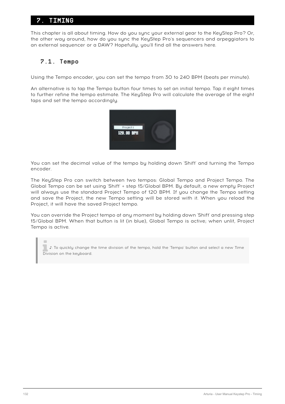 Timing, Tempo | Arturia KeyStep Pro Keyboard with Advanced Sequencer and Arpeggiator User Manual | Page 138 / 186