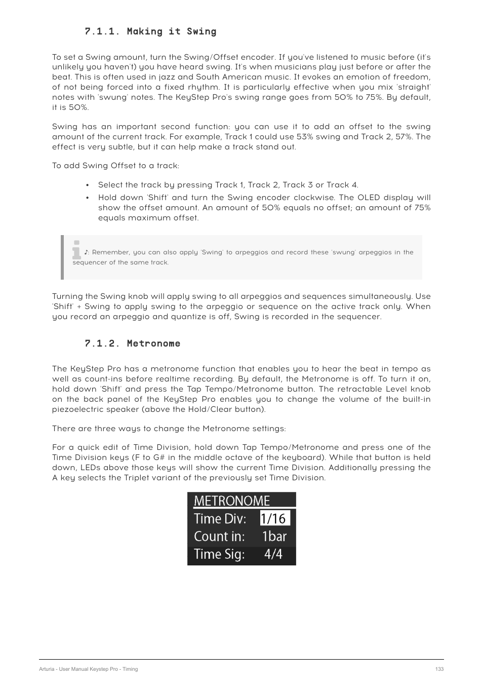 Making it swing, Metronome | Arturia KeyStep Pro Keyboard with Advanced Sequencer and Arpeggiator User Manual | Page 139 / 186