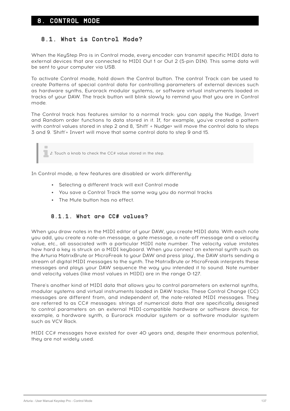 Control mode, What is control mode, What are cc# values | Arturia KeyStep Pro Keyboard with Advanced Sequencer and Arpeggiator User Manual | Page 143 / 186