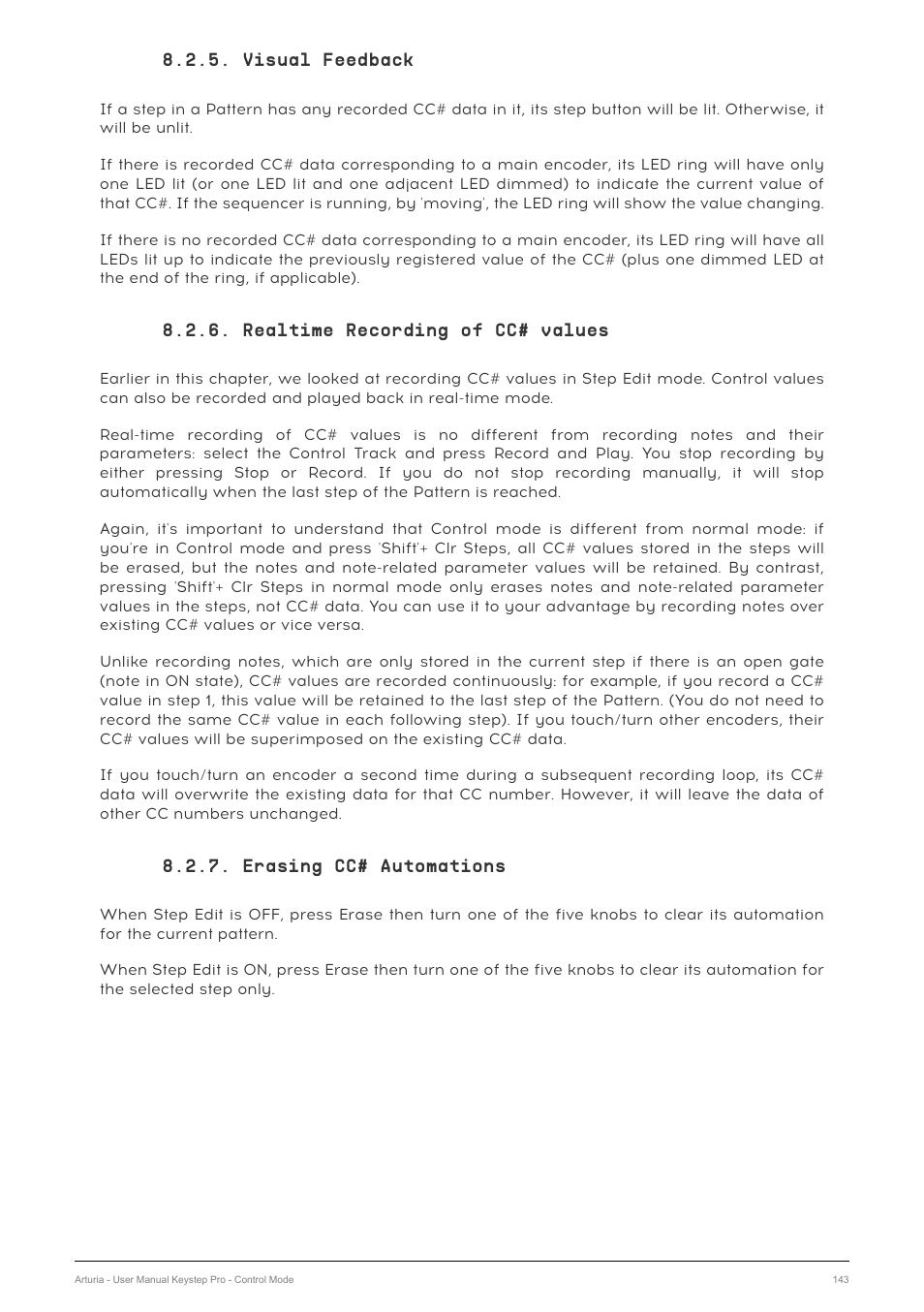 Visual feedback, Realtime recording of cc# values, Erasing cc# automations | Arturia KeyStep Pro Keyboard with Advanced Sequencer and Arpeggiator User Manual | Page 149 / 186