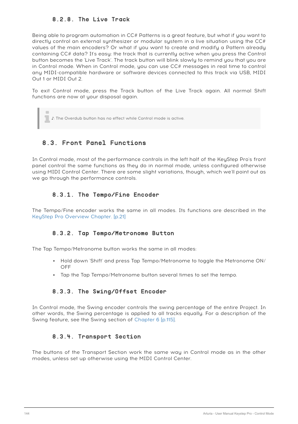 The live track, Front panel functions, The tempo/fine encoder | Tap tempo/metronome button, The swing/offset encoder, Transport section | Arturia KeyStep Pro Keyboard with Advanced Sequencer and Arpeggiator User Manual | Page 150 / 186