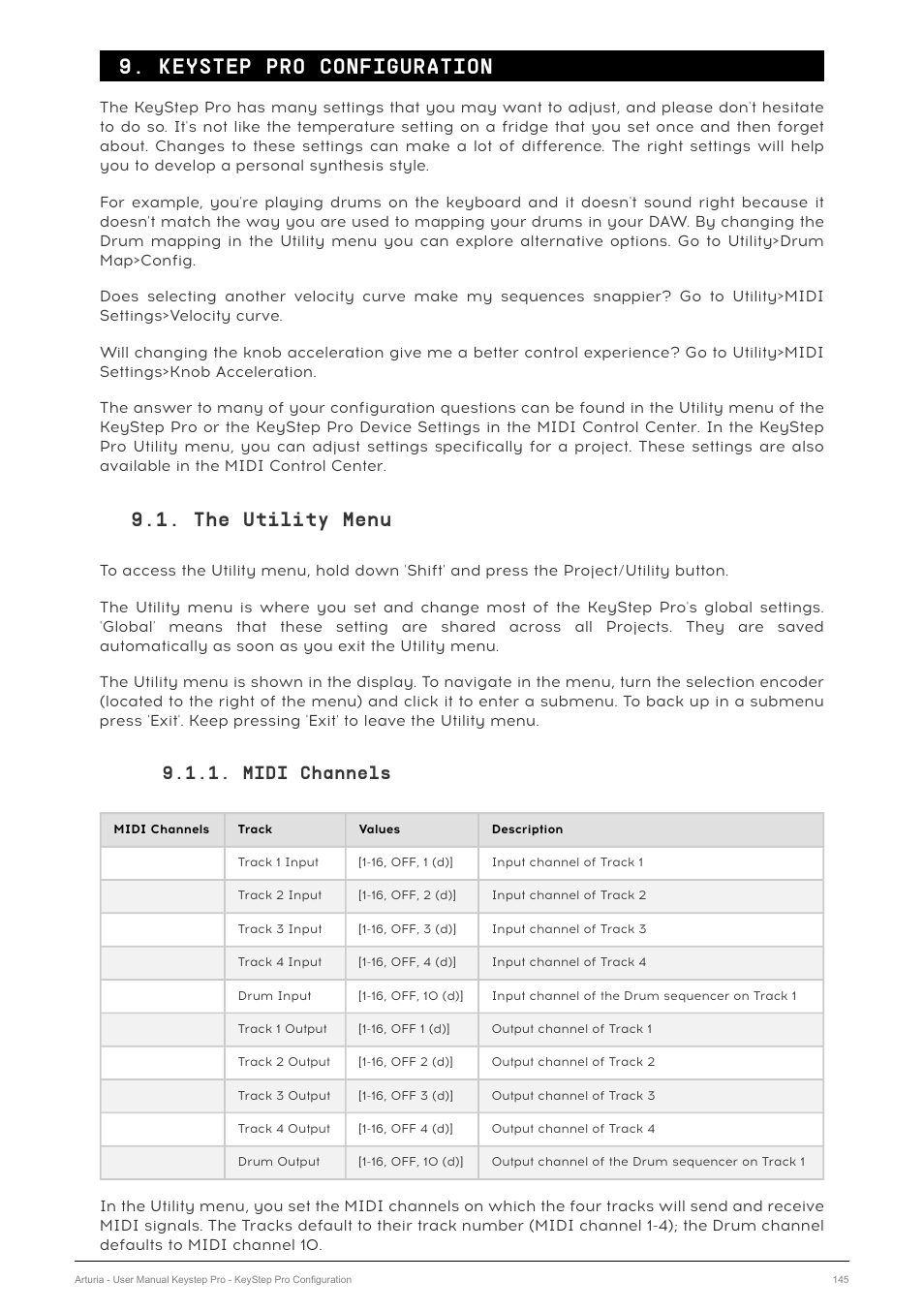 Keystep pro configuration, The utility menu, Midi channels | Chapter 9 [p.145 | Arturia KeyStep Pro Keyboard with Advanced Sequencer and Arpeggiator User Manual | Page 151 / 186