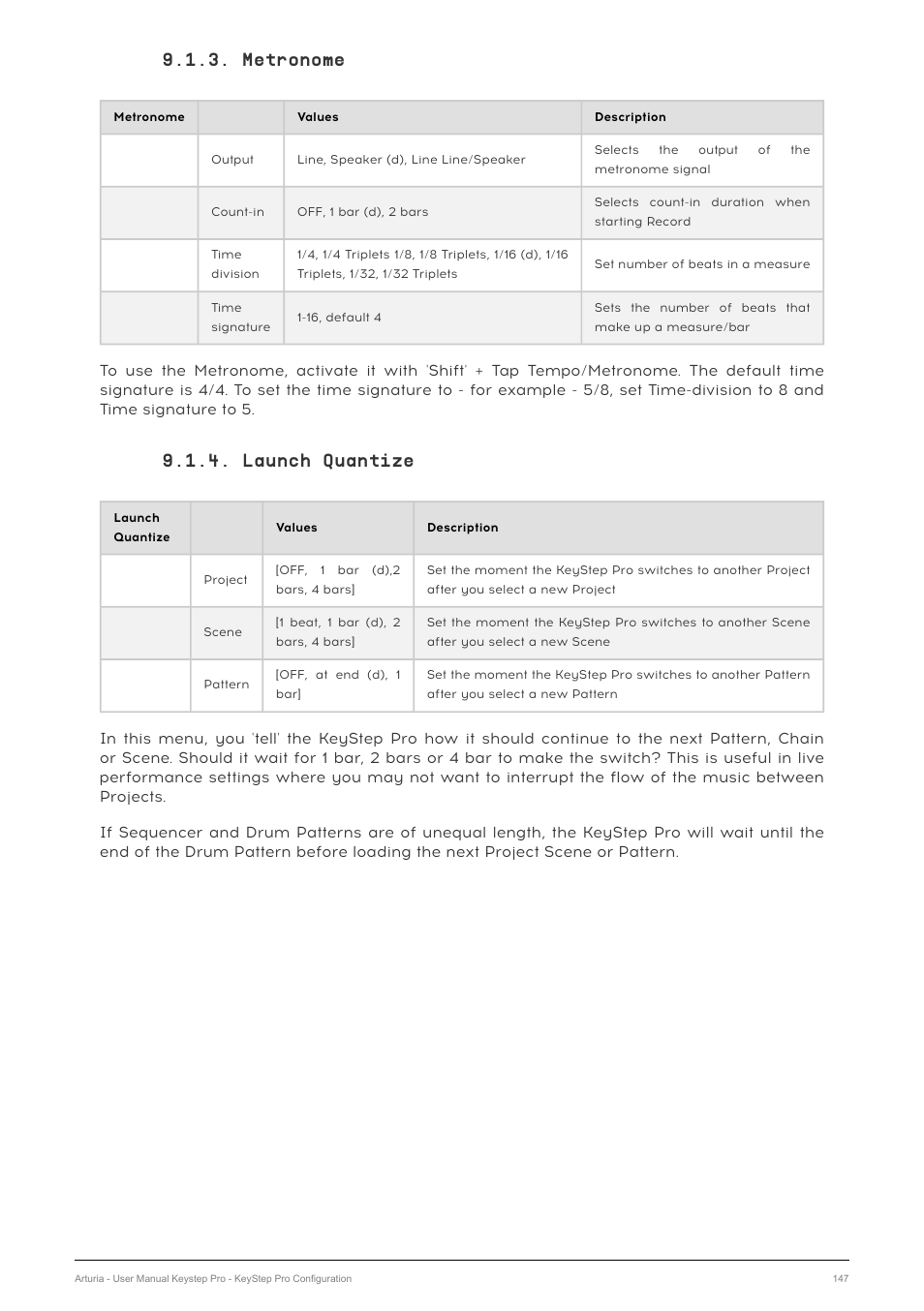 Metronome, Launch quantize | Arturia KeyStep Pro Keyboard with Advanced Sequencer and Arpeggiator User Manual | Page 153 / 186