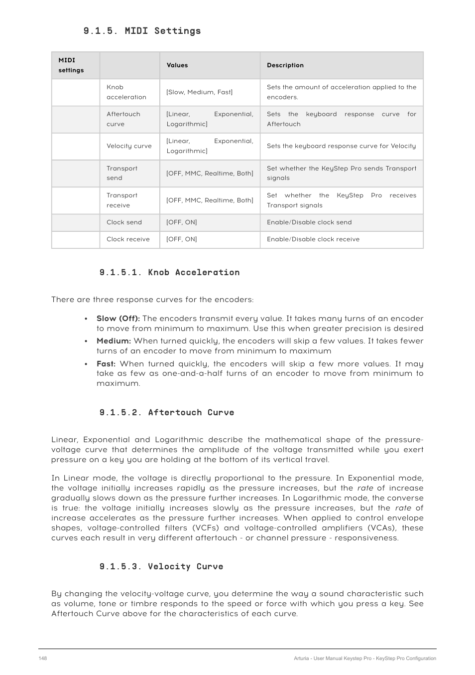 Midi settings, Knob acceleration, Aftertouch curve | Velocity curve | Arturia KeyStep Pro Keyboard with Advanced Sequencer and Arpeggiator User Manual | Page 154 / 186