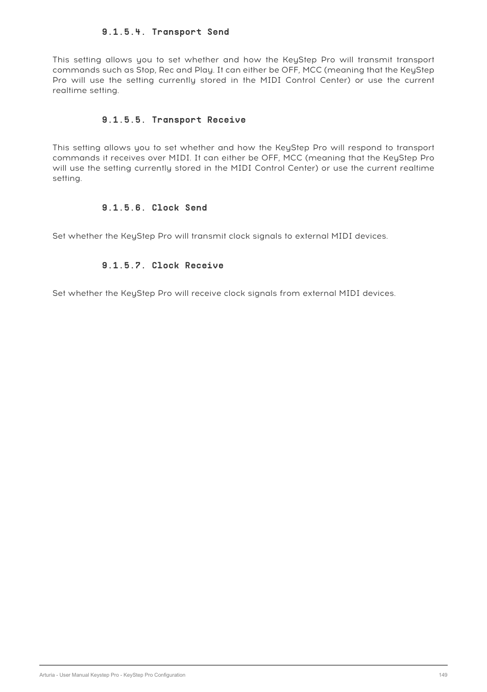 Transport send, Transport receive, Clock send | Clock receive | Arturia KeyStep Pro Keyboard with Advanced Sequencer and Arpeggiator User Manual | Page 155 / 186