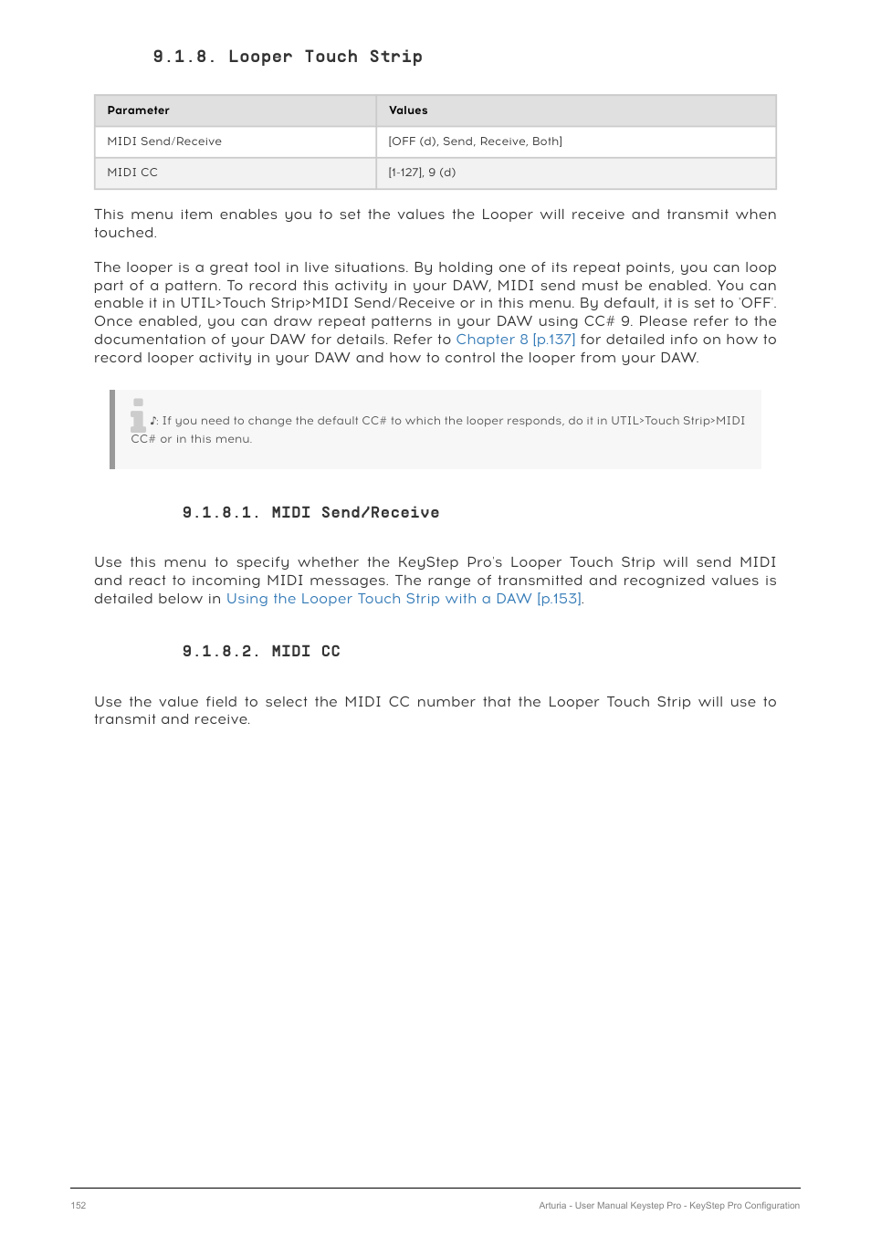 Looper touch strip, Midi send/receive, Midi cc | Arturia KeyStep Pro Keyboard with Advanced Sequencer and Arpeggiator User Manual | Page 158 / 186