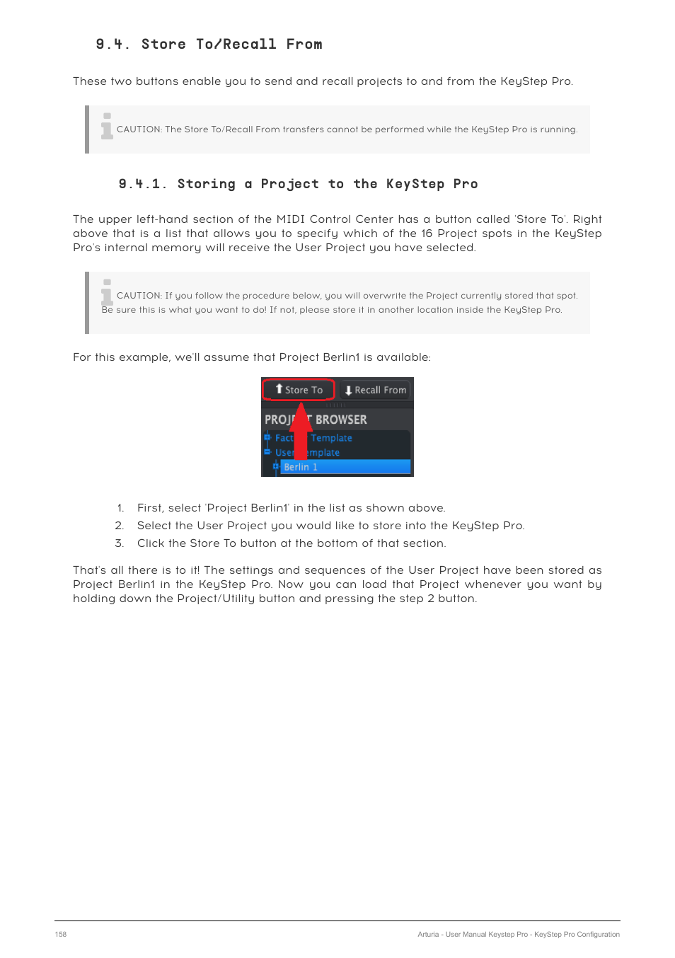 Store to/recall from, Storing a project to the keystep pro | Arturia KeyStep Pro Keyboard with Advanced Sequencer and Arpeggiator User Manual | Page 164 / 186