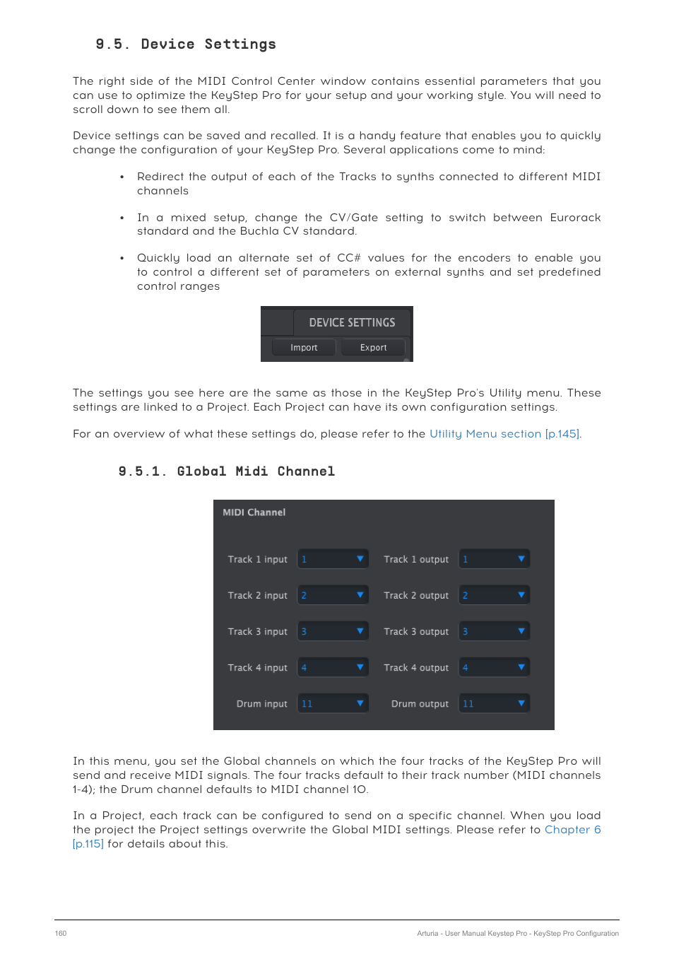 Device settings, Global midi channel | Arturia KeyStep Pro Keyboard with Advanced Sequencer and Arpeggiator User Manual | Page 166 / 186