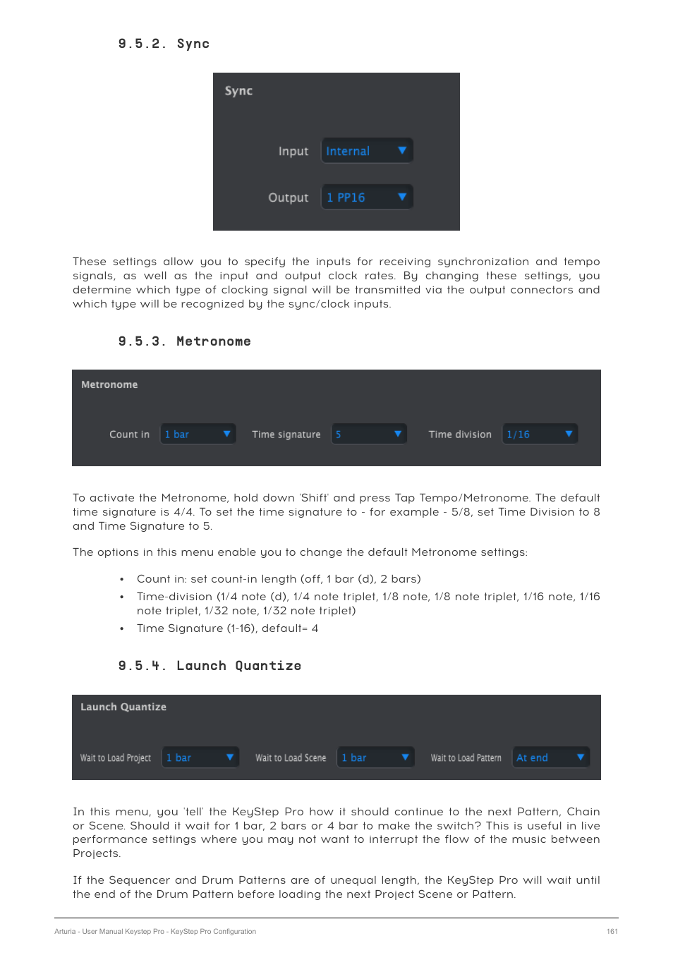 Sync, Metronome, Launch quantize | Arturia KeyStep Pro Keyboard with Advanced Sequencer and Arpeggiator User Manual | Page 167 / 186