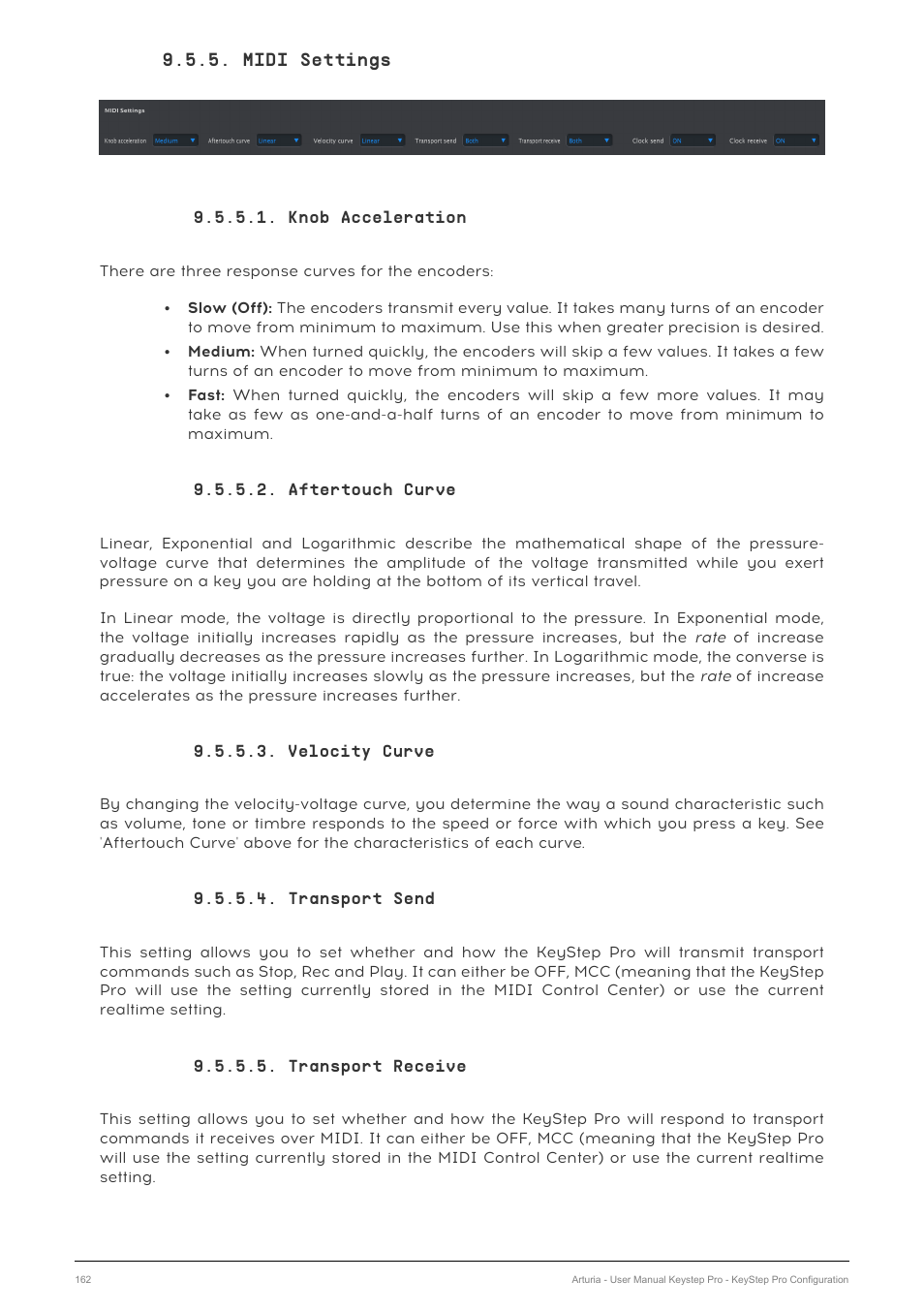 Midi settings, Knob acceleration, Aftertouch curve | Velocity curve, Transport send, Transport receive | Arturia KeyStep Pro Keyboard with Advanced Sequencer and Arpeggiator User Manual | Page 168 / 186