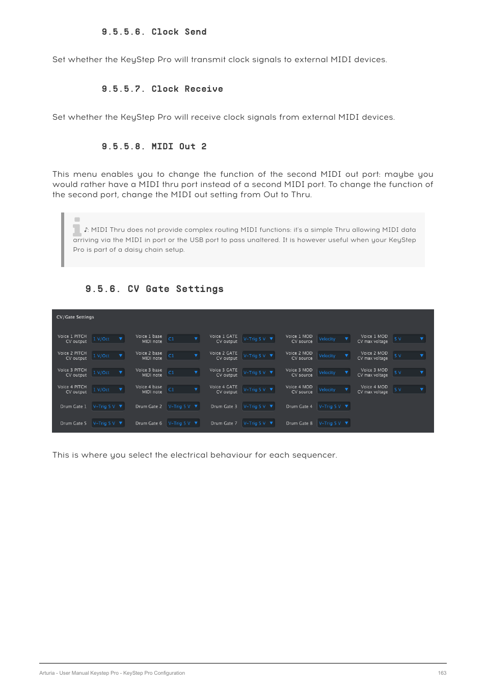 Clock send, Clock receive, Midi out 2 | Cv gate settings | Arturia KeyStep Pro Keyboard with Advanced Sequencer and Arpeggiator User Manual | Page 169 / 186