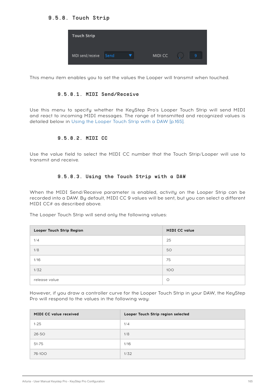 Touch strip, Midi send/receive, Midi cc | Using the touch strip with a daw | Arturia KeyStep Pro Keyboard with Advanced Sequencer and Arpeggiator User Manual | Page 171 / 186