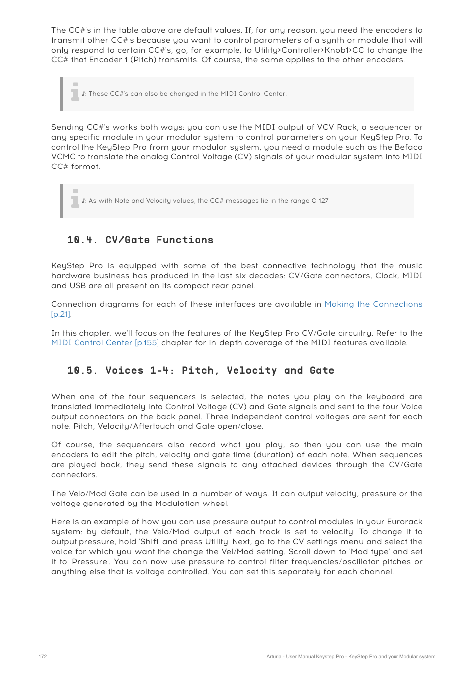 Cv/gate functions, Voices 1-4: pitch, velocity and gate | Arturia KeyStep Pro Keyboard with Advanced Sequencer and Arpeggiator User Manual | Page 178 / 186