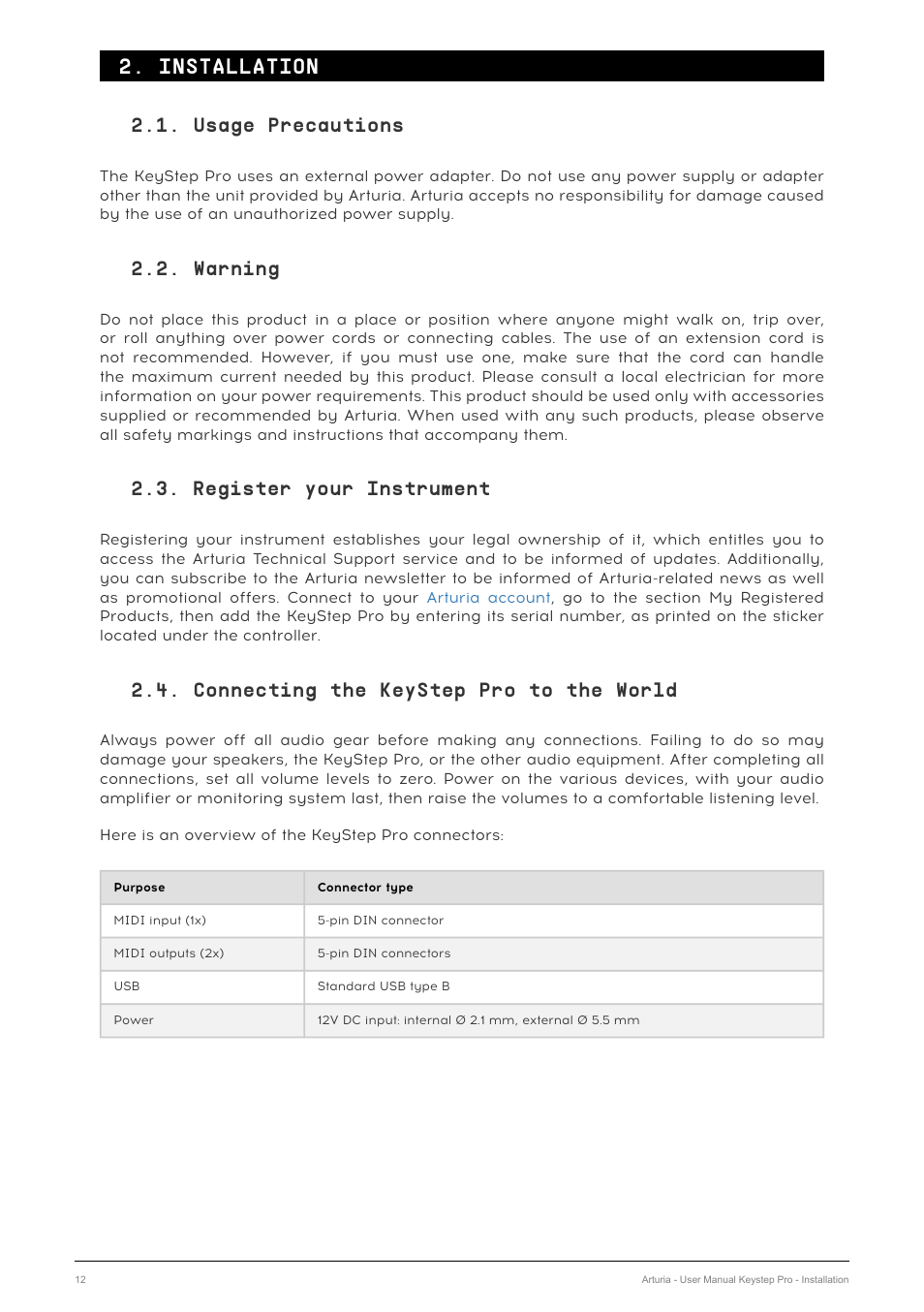 Installation, Usage precautions, Warning | Register your instrument, Connecting the keystep pro to the world | Arturia KeyStep Pro Keyboard with Advanced Sequencer and Arpeggiator User Manual | Page 18 / 186