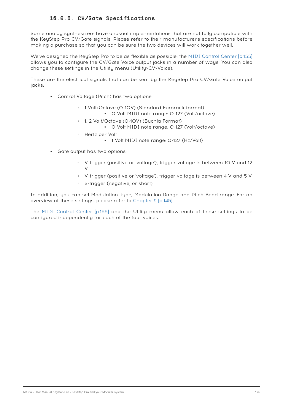 Cv/gate specifications | Arturia KeyStep Pro Keyboard with Advanced Sequencer and Arpeggiator User Manual | Page 181 / 186