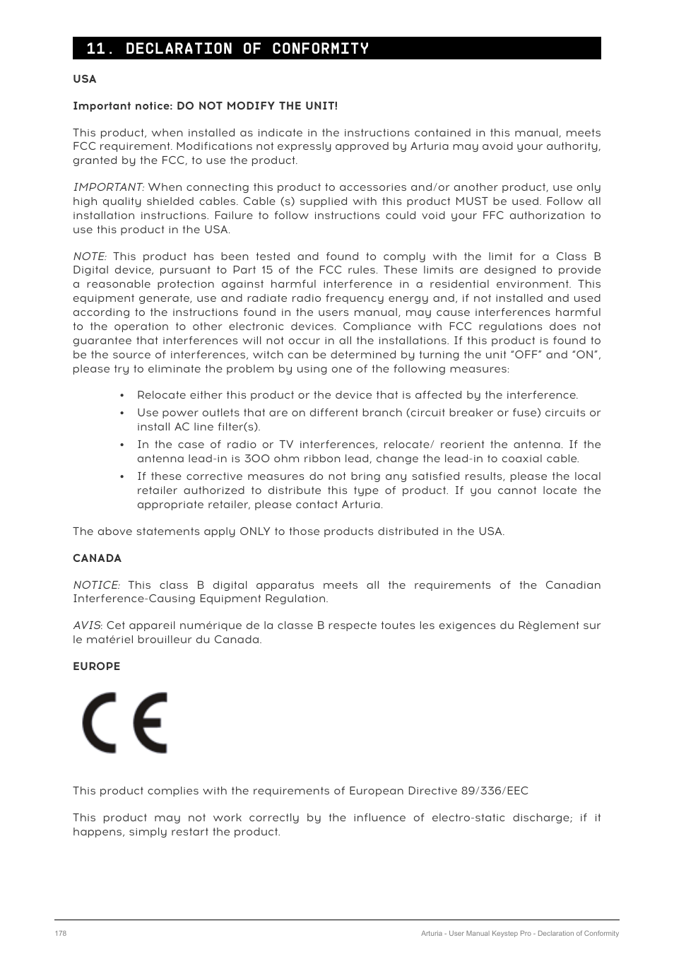 Declaration of conformity | Arturia KeyStep Pro Keyboard with Advanced Sequencer and Arpeggiator User Manual | Page 184 / 186