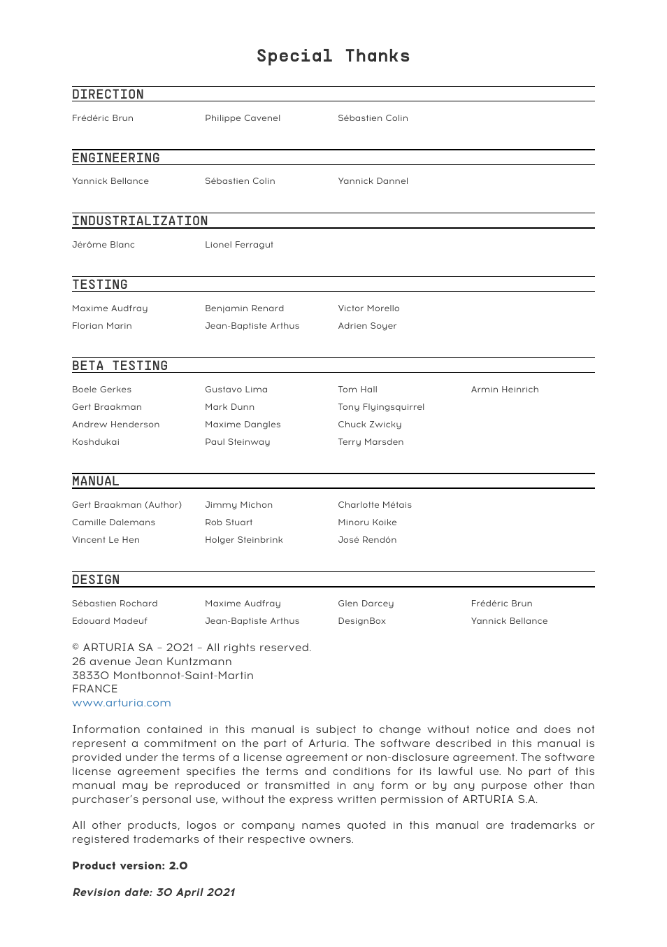 Special thanks, Direction, Engineering | Industrialization, Testing, Beta testing, Manual, Design | Arturia KeyStep Pro Keyboard with Advanced Sequencer and Arpeggiator User Manual | Page 2 / 186