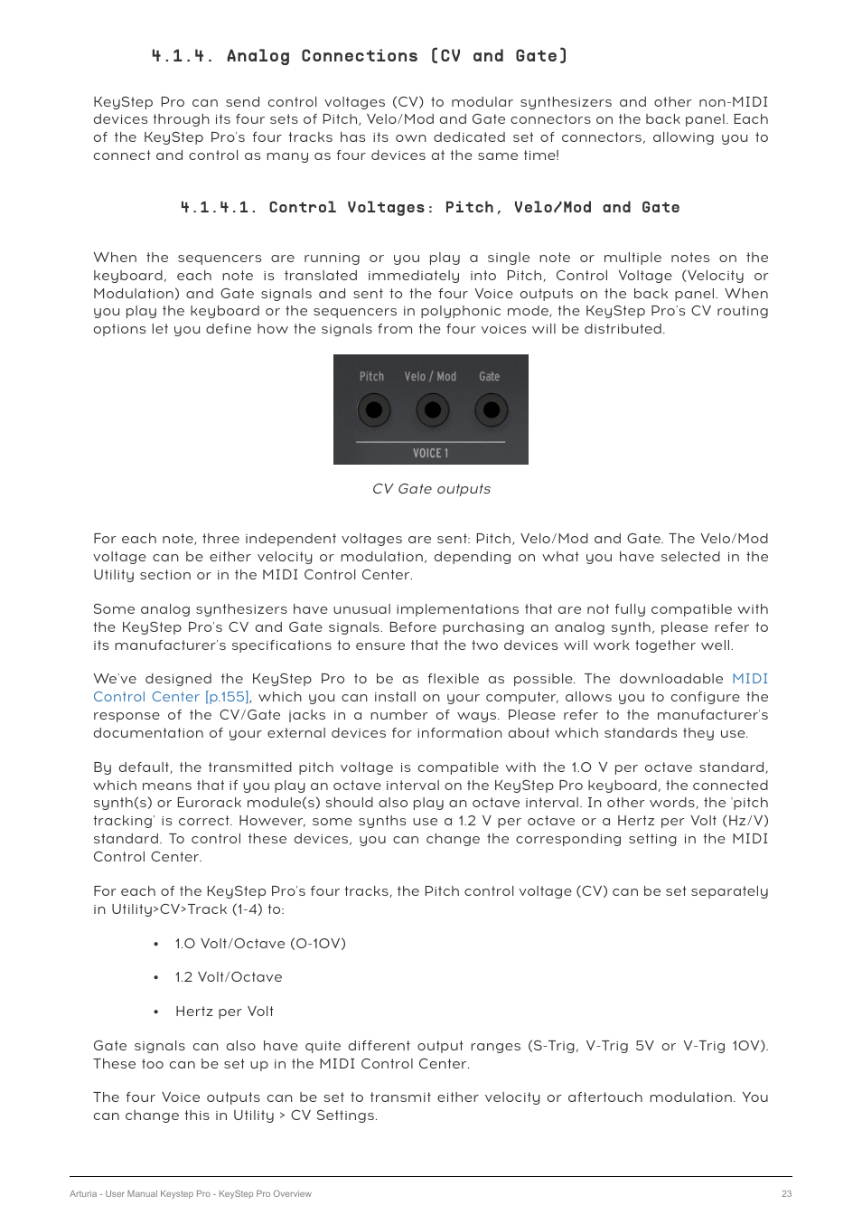 Analog connections (cv and gate), Control voltages: pitch, velo/mod and gate | Arturia KeyStep Pro Keyboard with Advanced Sequencer and Arpeggiator User Manual | Page 29 / 186