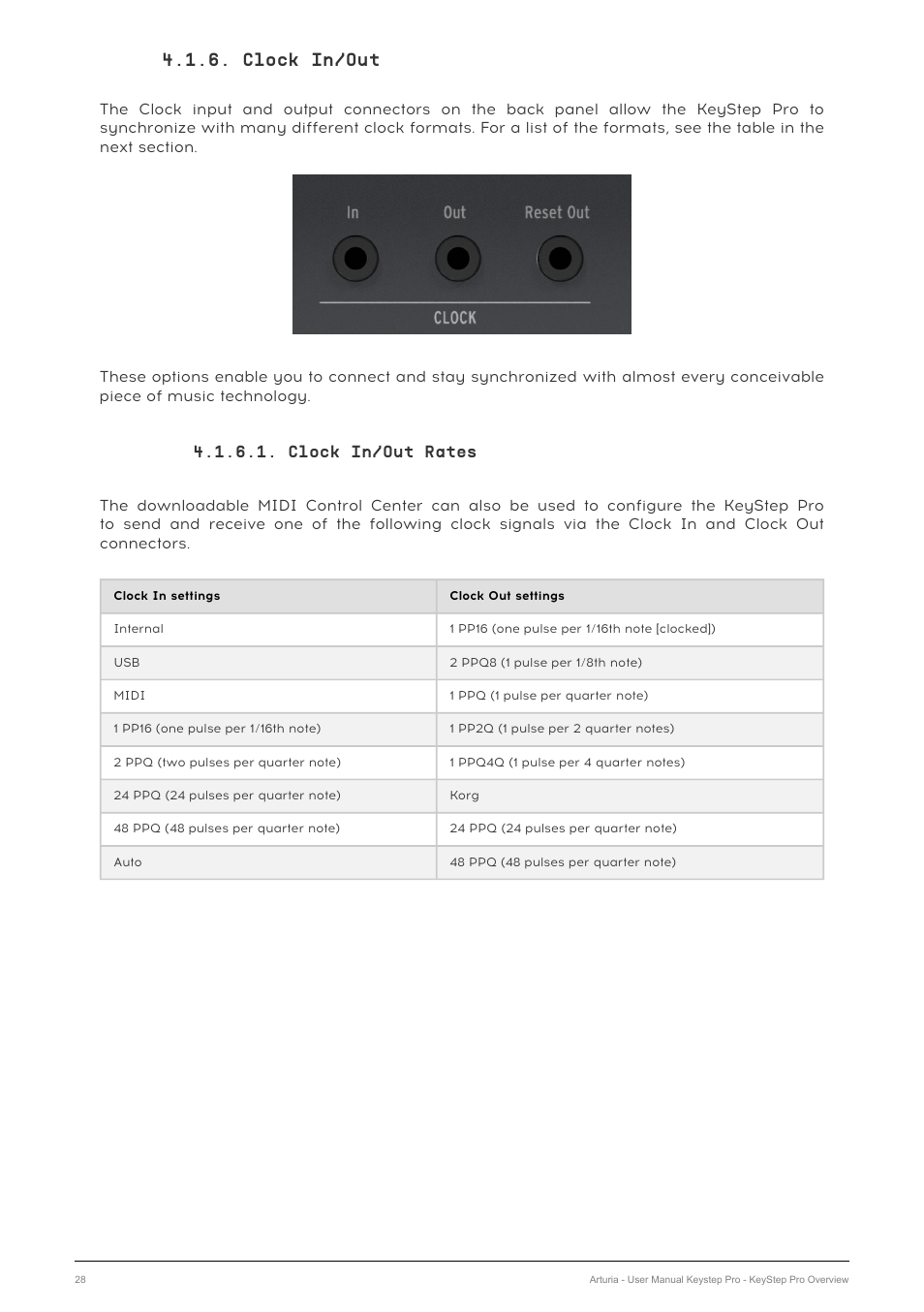 Clock in/out, Clock in/out rates | Arturia KeyStep Pro Keyboard with Advanced Sequencer and Arpeggiator User Manual | Page 34 / 186