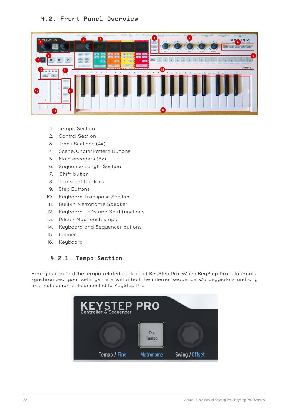Front panel overview, Tempo section | Arturia KeyStep Pro Keyboard with Advanced Sequencer and Arpeggiator User Manual | Page 38 / 186
