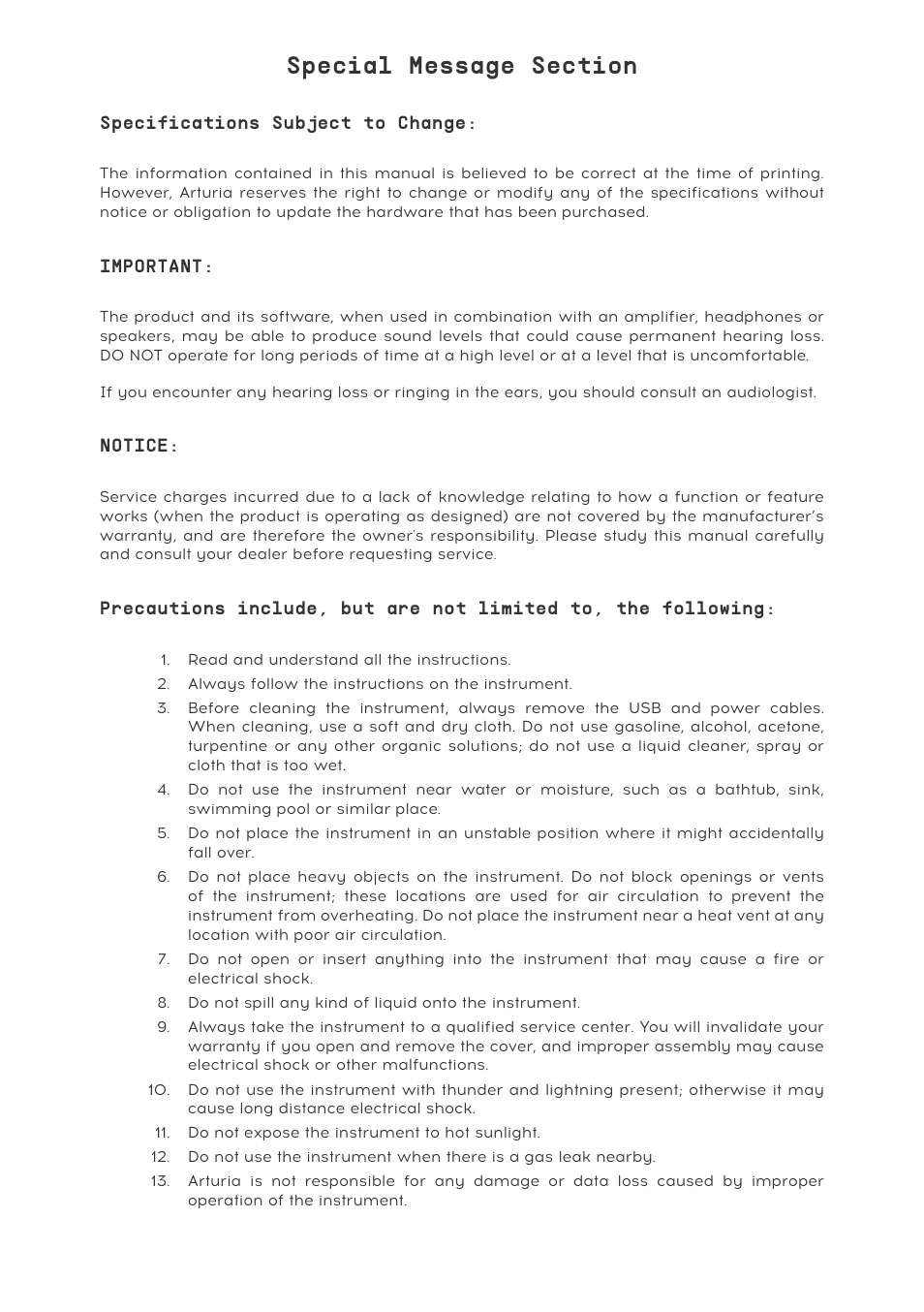 Special message section, Specifications subject to change, Important | Notice | Arturia KeyStep Pro Keyboard with Advanced Sequencer and Arpeggiator User Manual | Page 4 / 186