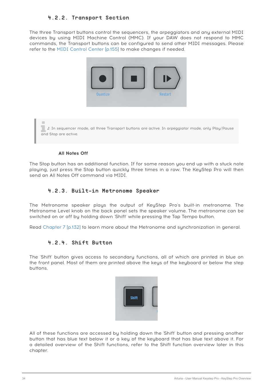 Transport section, Built-in metronome speaker, Shift button | Arturia KeyStep Pro Keyboard with Advanced Sequencer and Arpeggiator User Manual | Page 40 / 186