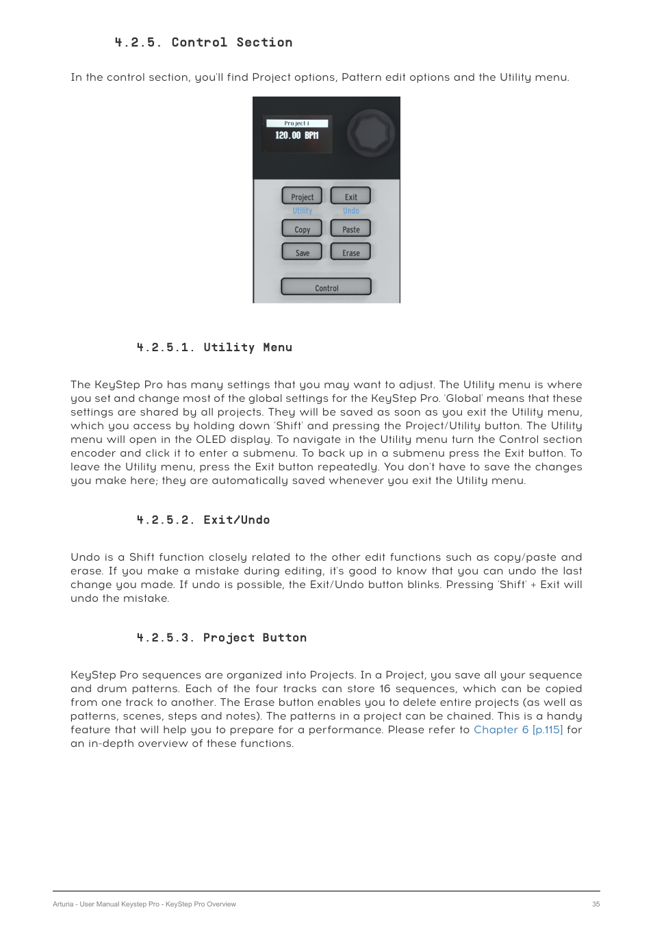 Control section, Utility menu, Exit/undo | Project button | Arturia KeyStep Pro Keyboard with Advanced Sequencer and Arpeggiator User Manual | Page 41 / 186