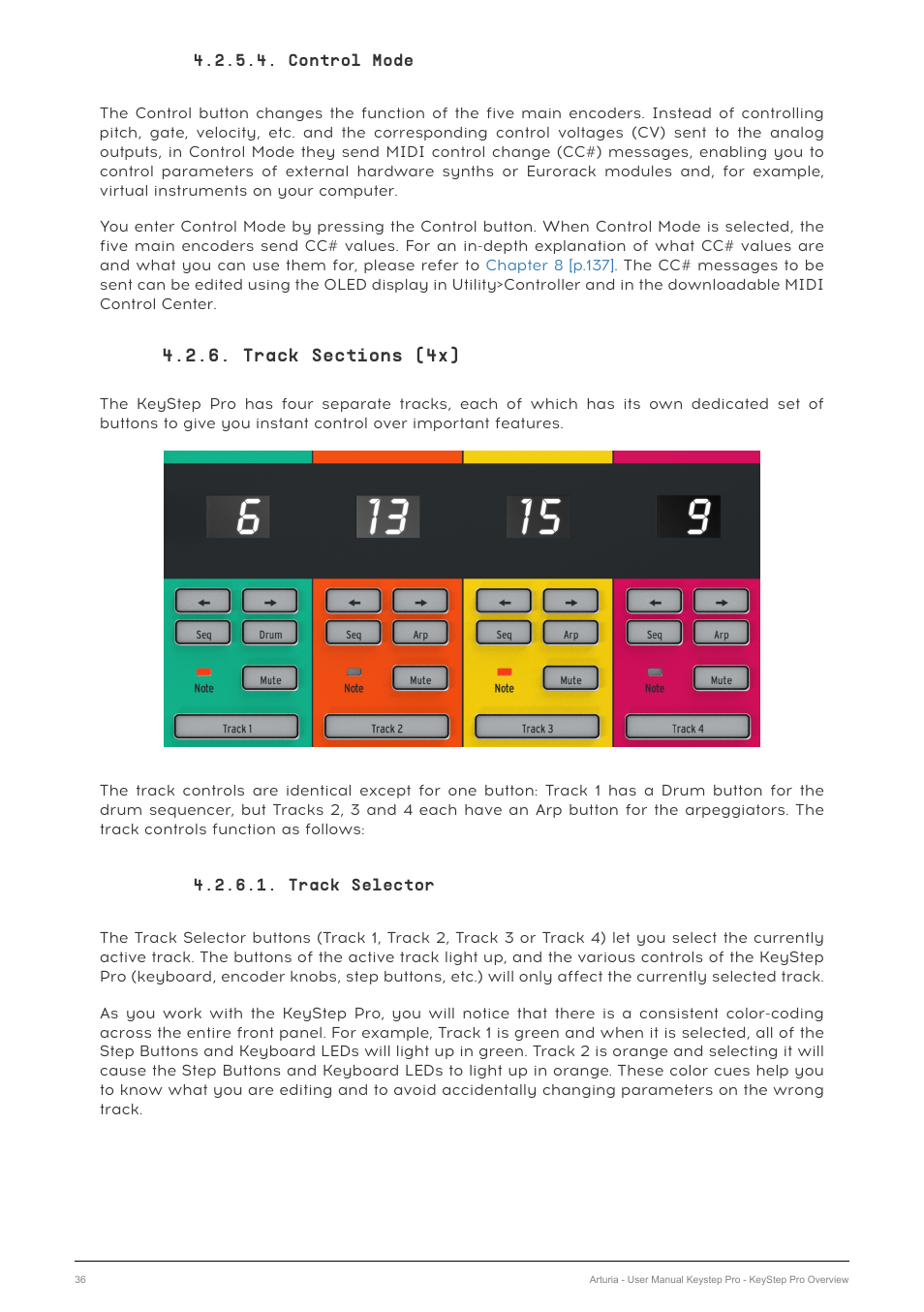 Control mode, Track sections (4x), Track selector | Arturia KeyStep Pro Keyboard with Advanced Sequencer and Arpeggiator User Manual | Page 42 / 186