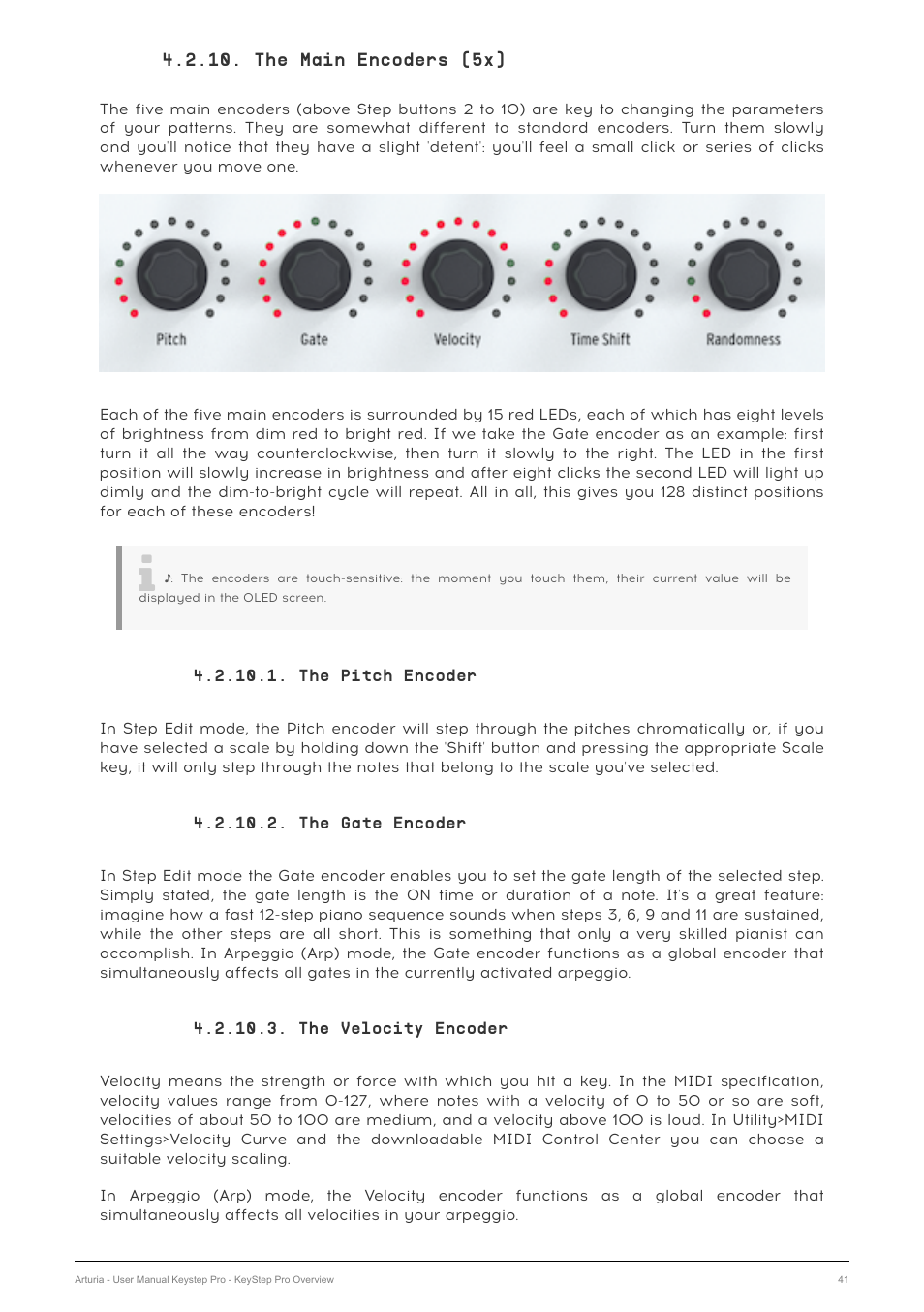 The main encoders (5x), The pitch encoder, The gate encoder | The velocity encoder | Arturia KeyStep Pro Keyboard with Advanced Sequencer and Arpeggiator User Manual | Page 47 / 186