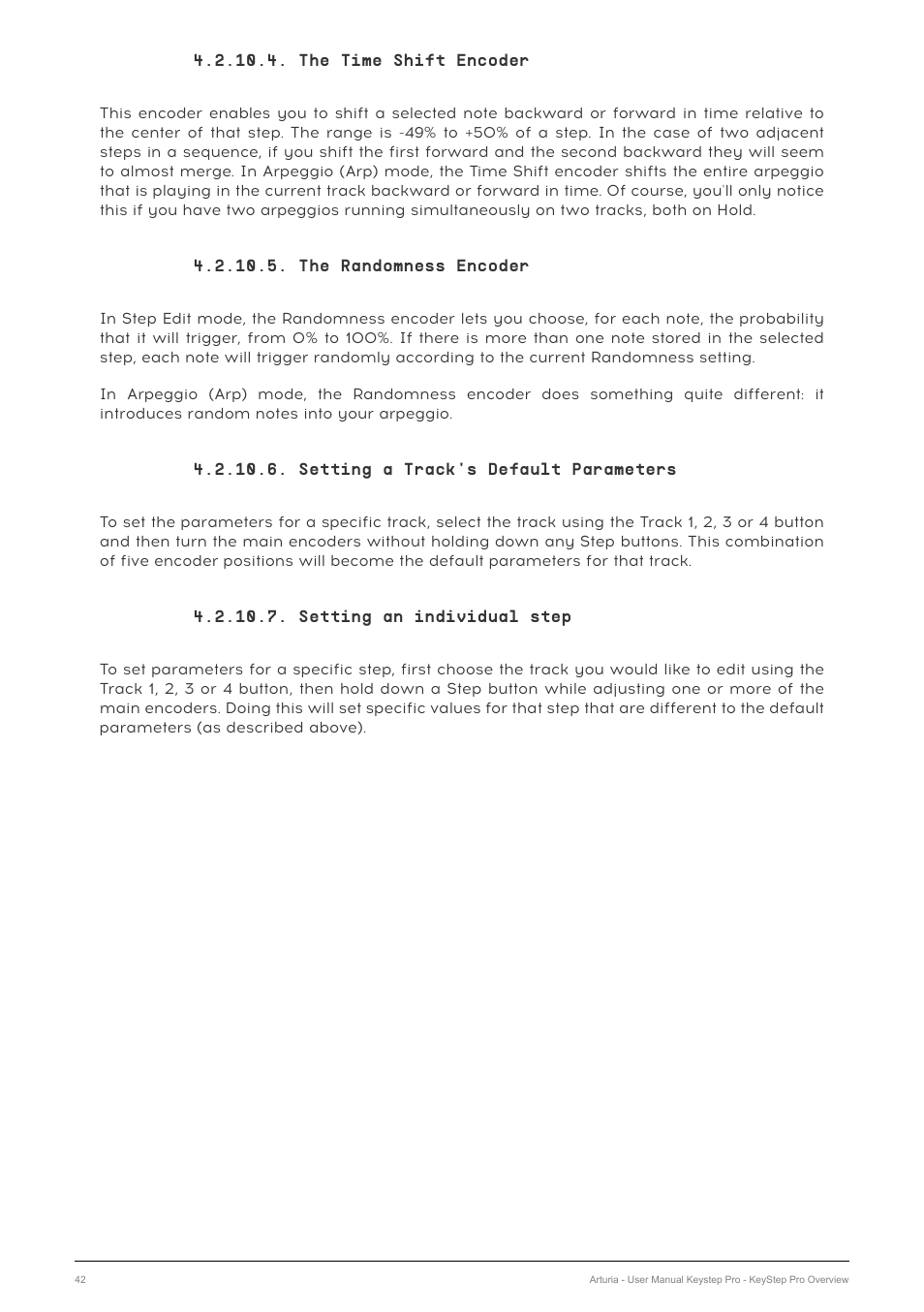 The time shift encoder, The randomness encoder, Setting a track's default parameters | Setting an individual step | Arturia KeyStep Pro Keyboard with Advanced Sequencer and Arpeggiator User Manual | Page 48 / 186