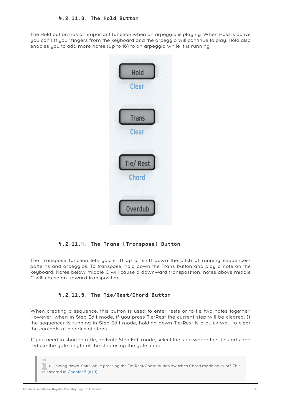 The hold button, The trans (transpose) button, The tie/rest/chord button | Arturia KeyStep Pro Keyboard with Advanced Sequencer and Arpeggiator User Manual | Page 51 / 186