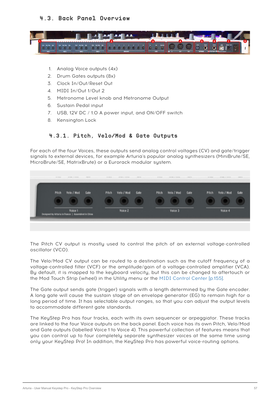 Back panel overview, Pitch, velo/mod & gate outputs | Arturia KeyStep Pro Keyboard with Advanced Sequencer and Arpeggiator User Manual | Page 63 / 186