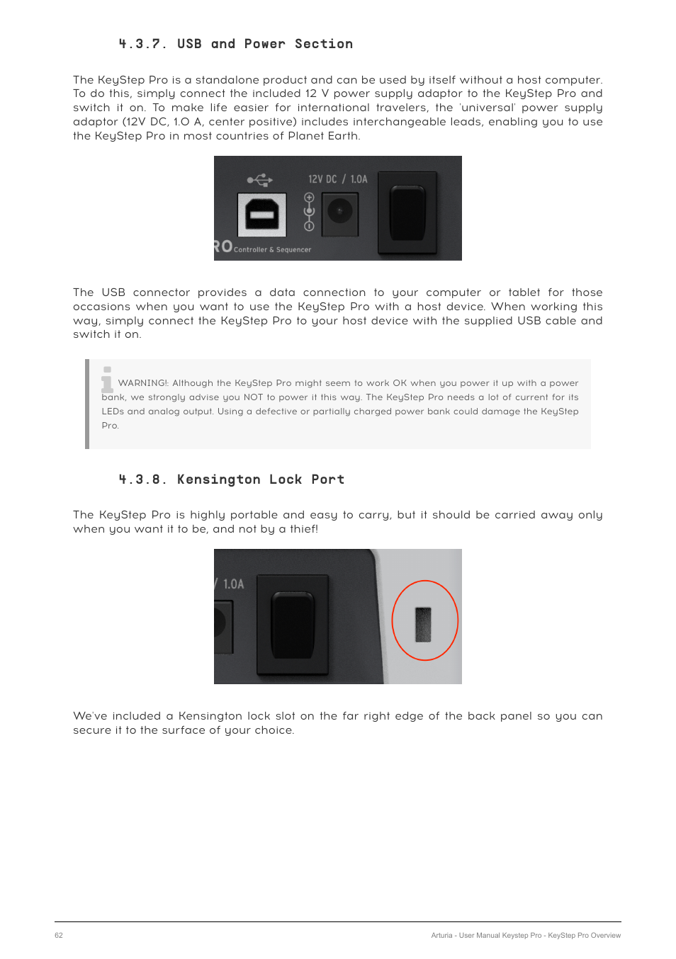 Usb and power section, Kensington lock port | Arturia KeyStep Pro Keyboard with Advanced Sequencer and Arpeggiator User Manual | Page 68 / 186